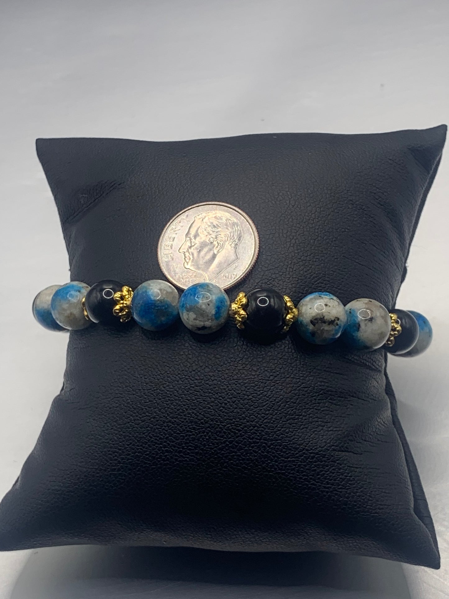 Black obsidian with k2 jasper semi precious stone/crystal beaded elastic bracelet with gold plated flower bead caps