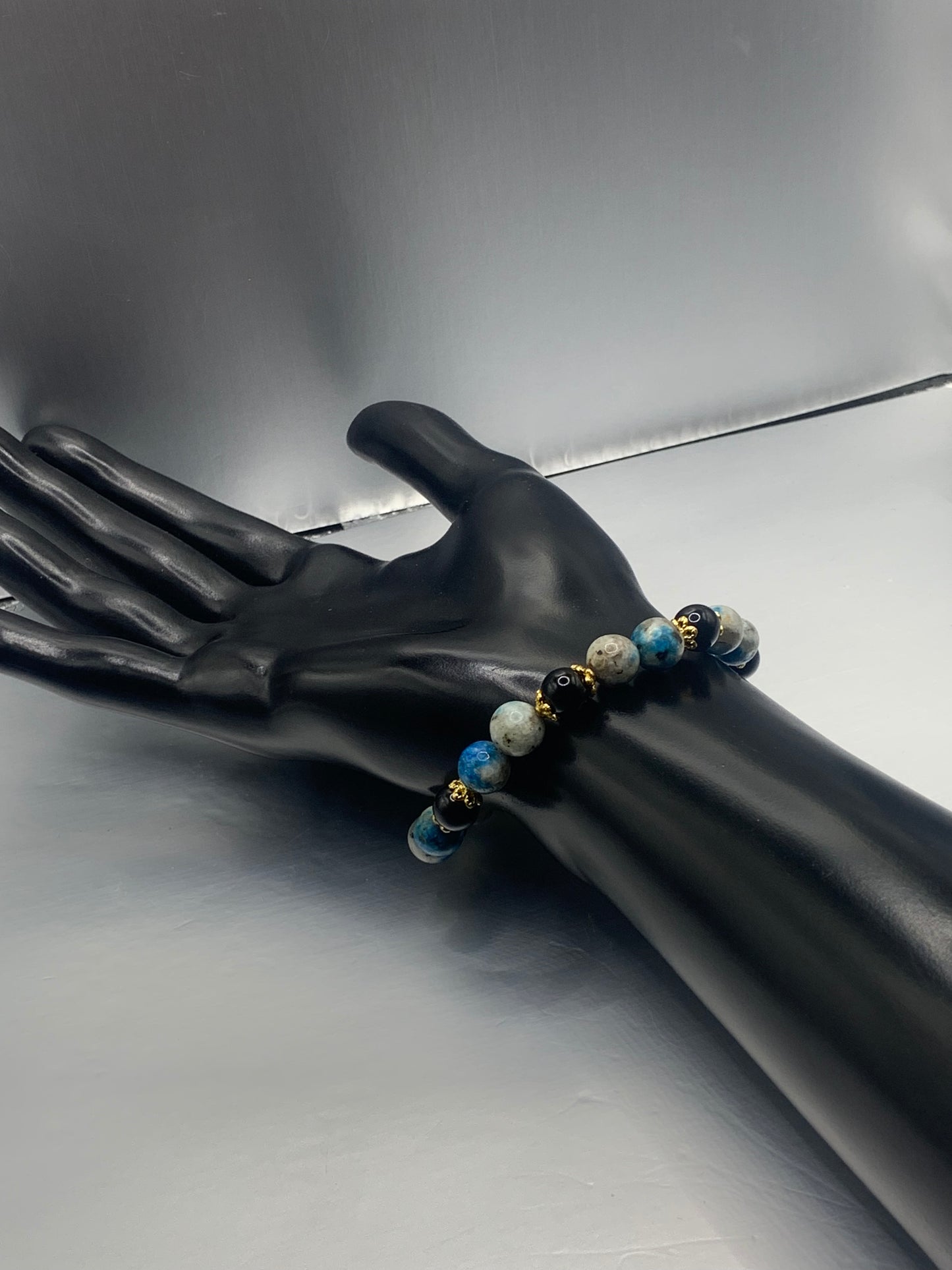 Black obsidian with k2 jasper semi precious stone/crystal beaded elastic bracelet with gold plated flower bead caps