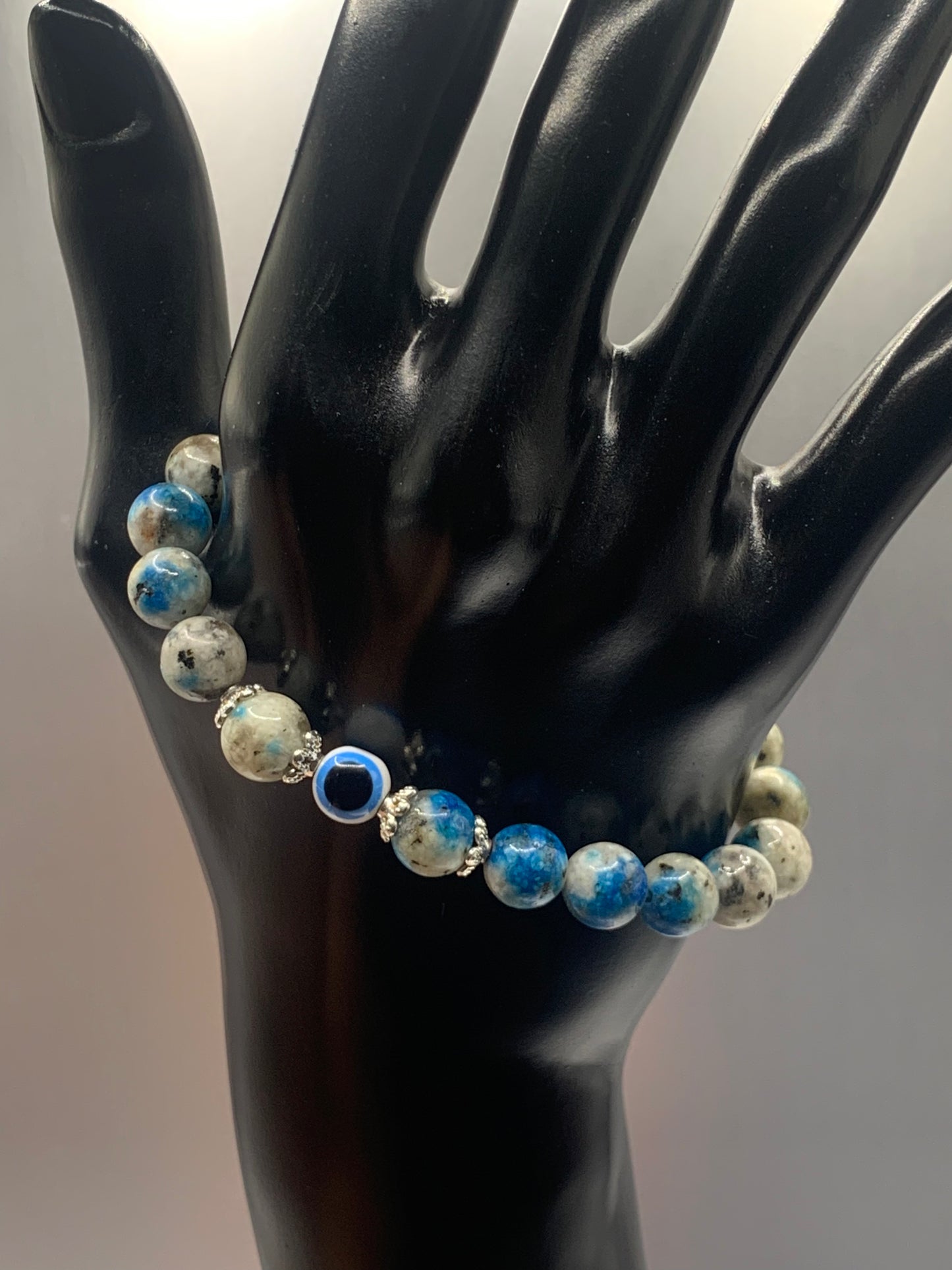 K2 jasper semi precious stone/crystal with resin evil eye beaded elastic bracelet