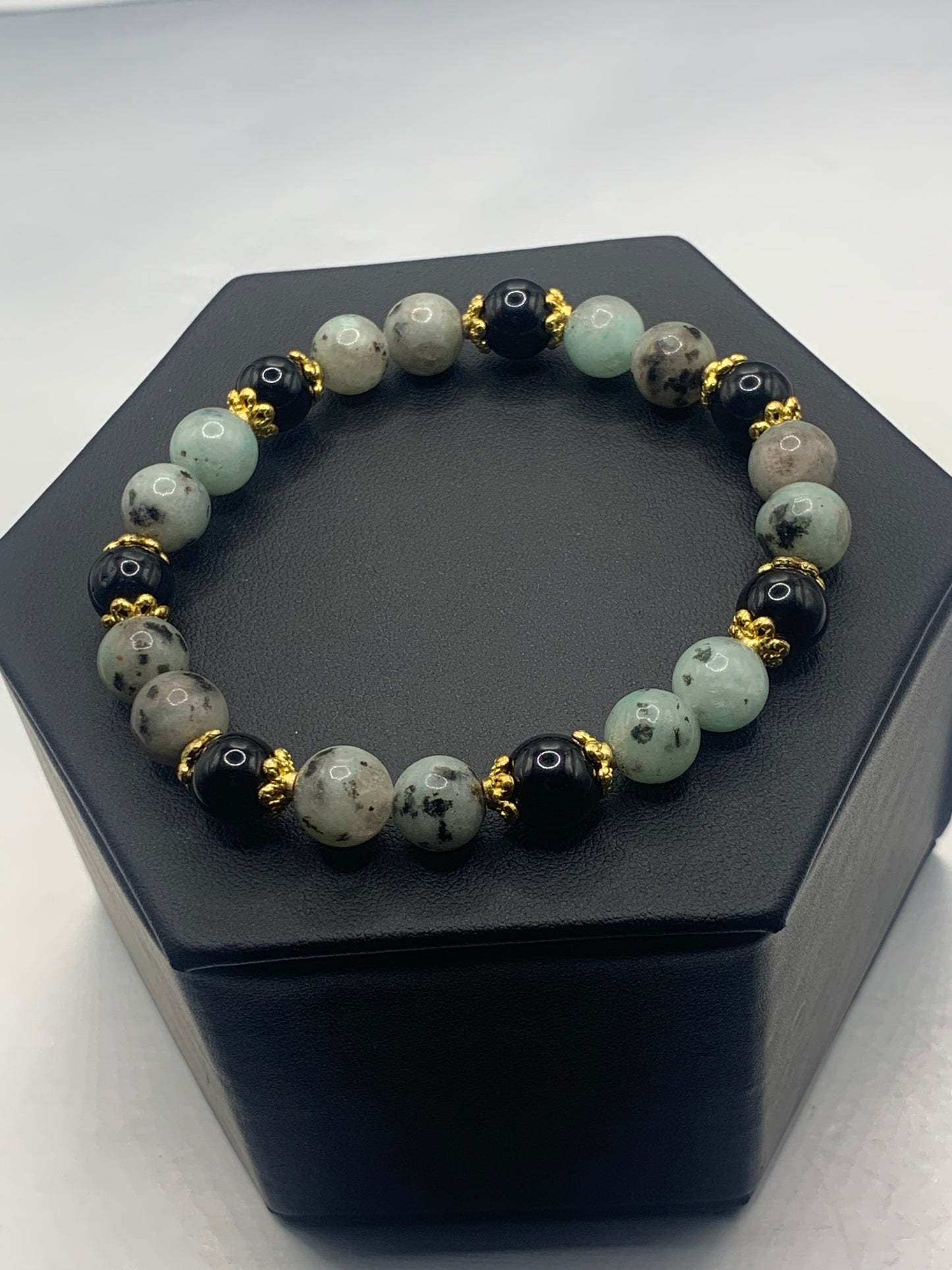Black obsidian with kiwi jasper semi precious stone/crystal beaded elastic bracelet with gold plated flower bead caps