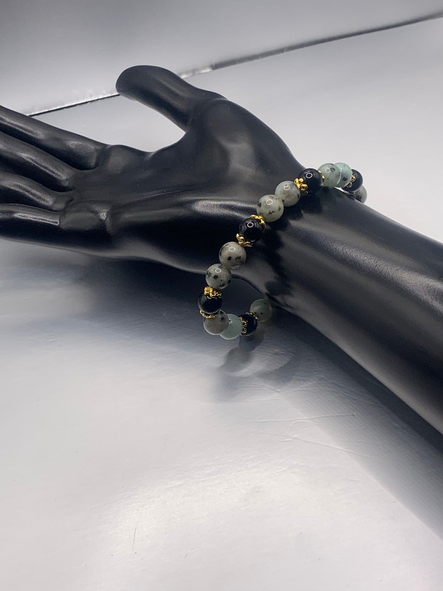 Black obsidian with kiwi jasper semi precious stone/crystal beaded elastic bracelet with gold plated flower bead caps