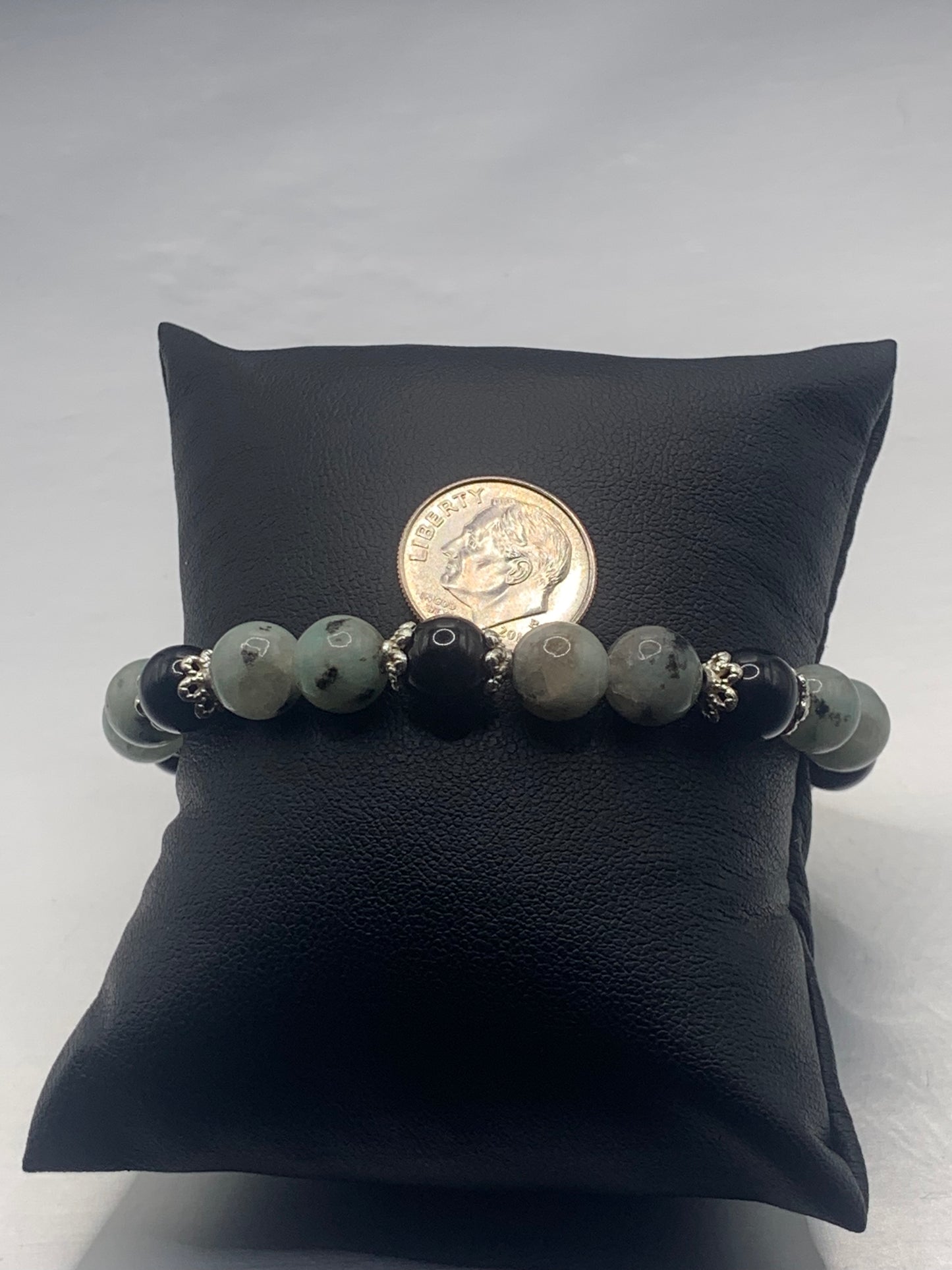 Black obsidian with kiwi jasper semi precious stone/crystal beaded elastic bracelet with silver plated flower bead caps