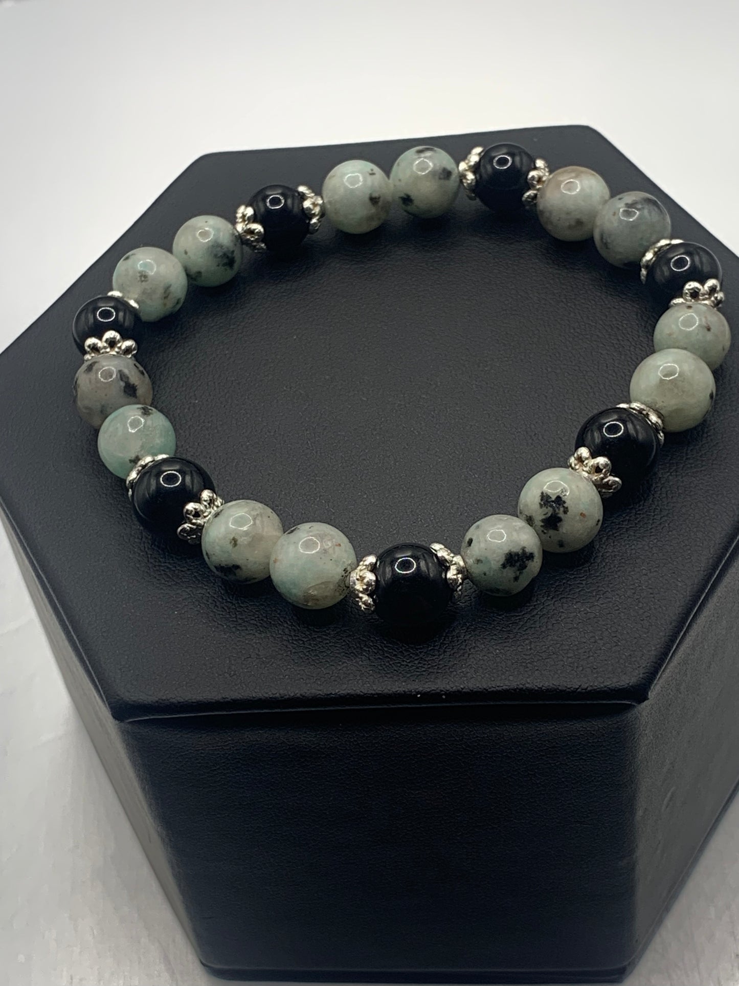 Black obsidian with kiwi jasper semi precious stone/crystal beaded elastic bracelet with silver plated flower bead caps