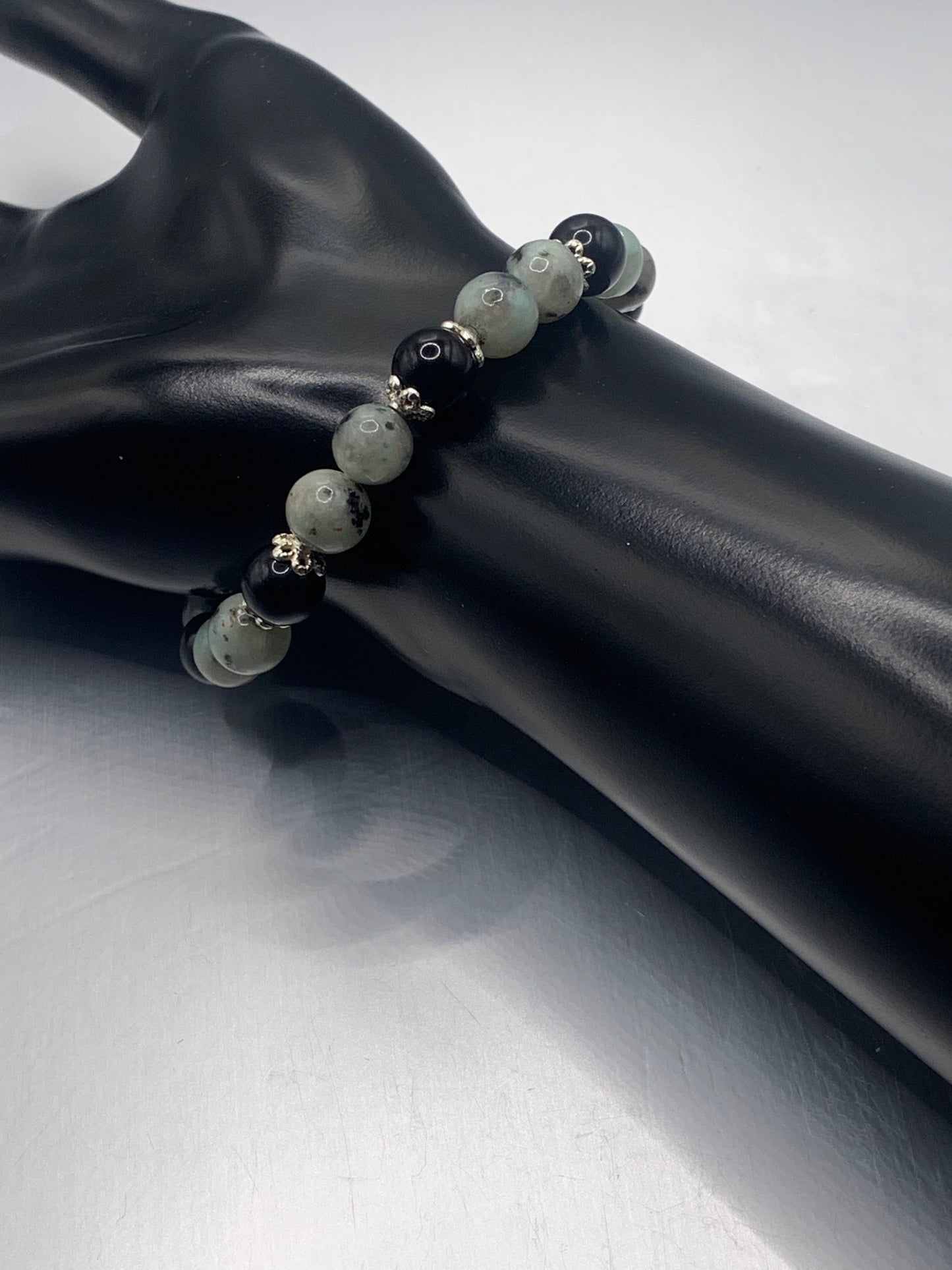 Black obsidian with kiwi jasper semi precious stone/crystal beaded elastic bracelet with silver plated flower bead caps