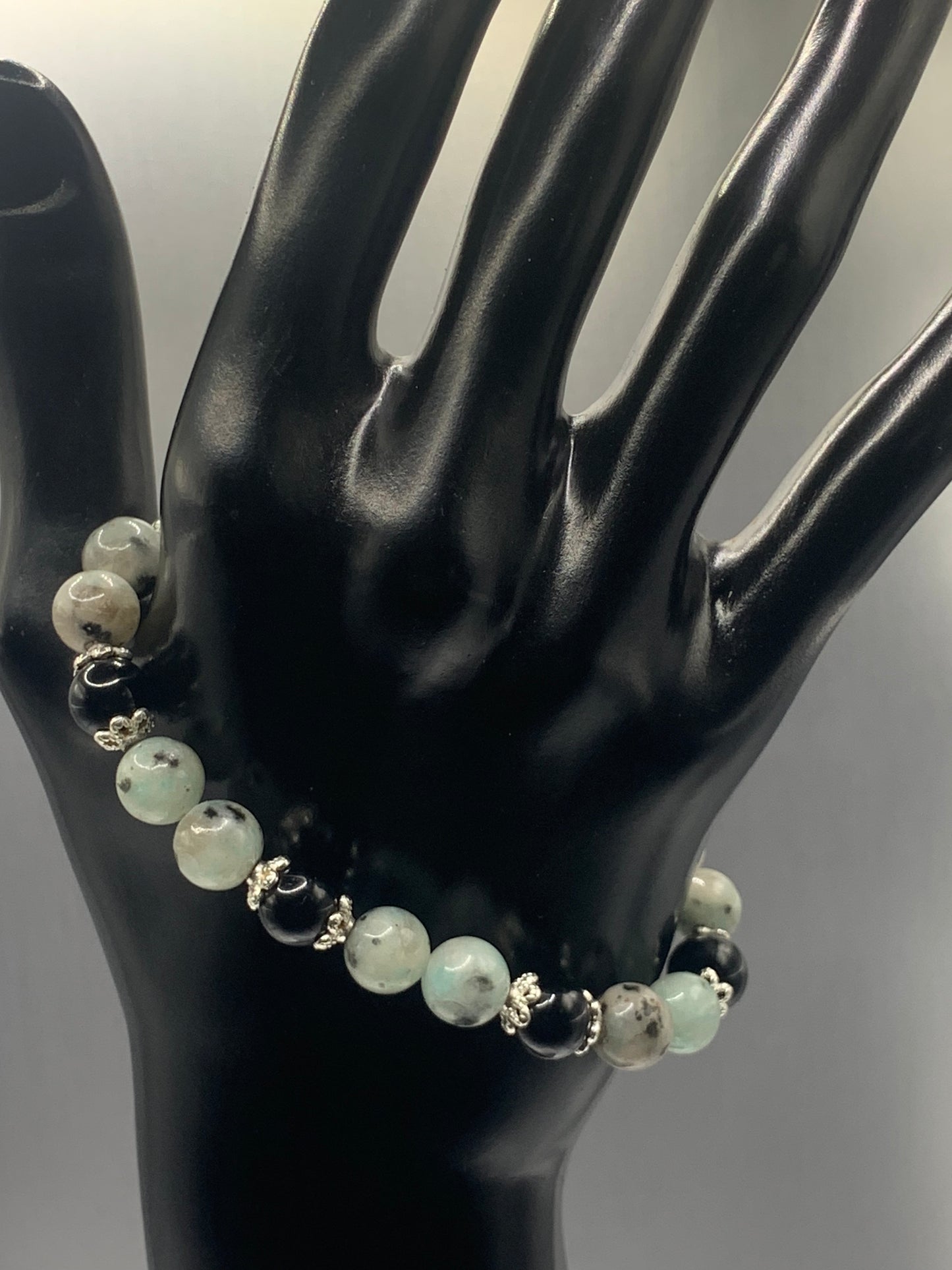 Black obsidian with kiwi jasper semi precious stone/crystal beaded elastic bracelet with silver plated flower bead caps