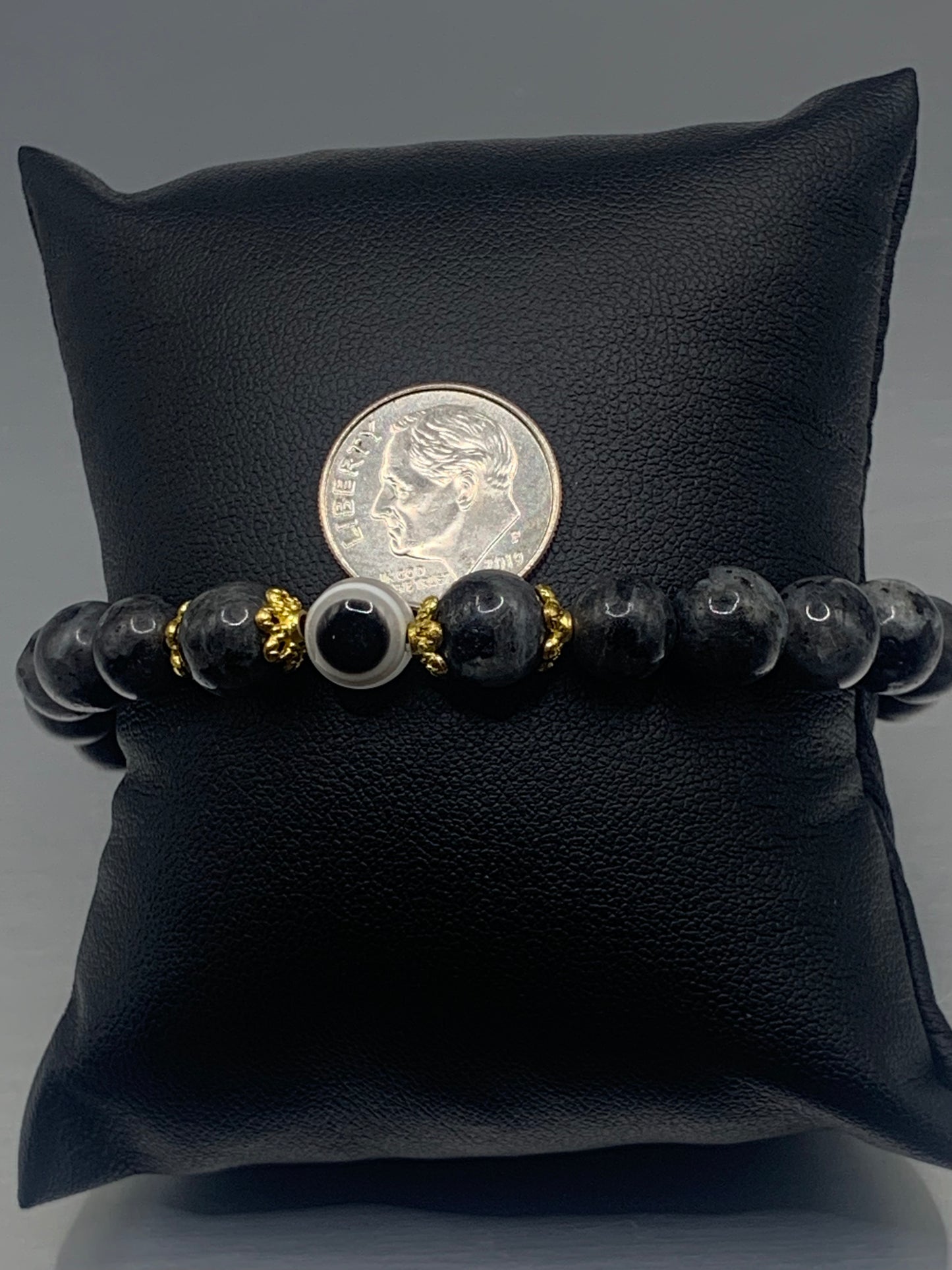 Larvikite semi precious stone/crystal with resin evil eye beaded elastic bracelet