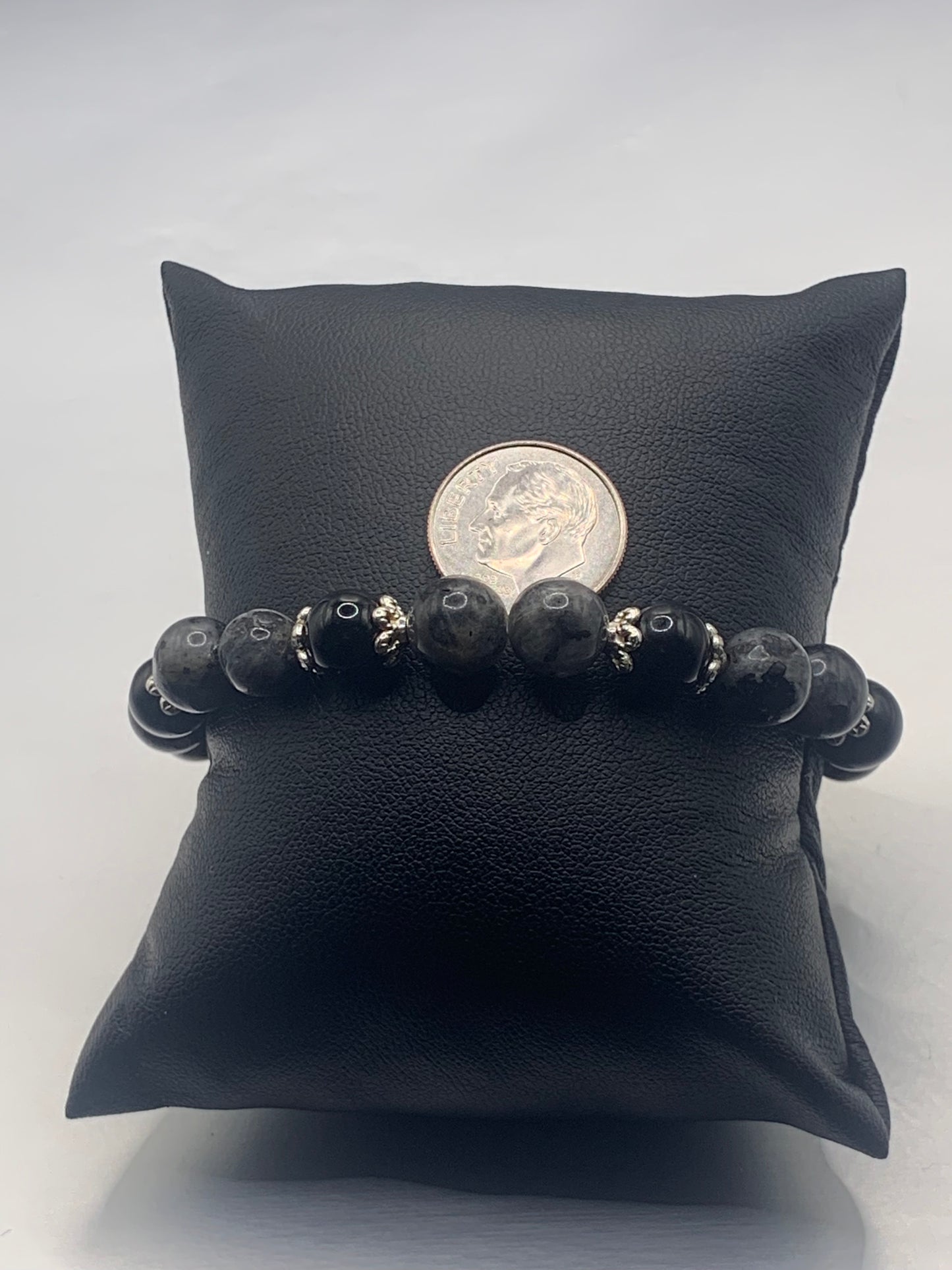 Black obsidian with larvikite semi precious stone/crystal beaded elastic bracelet with silver plated flower bead caps