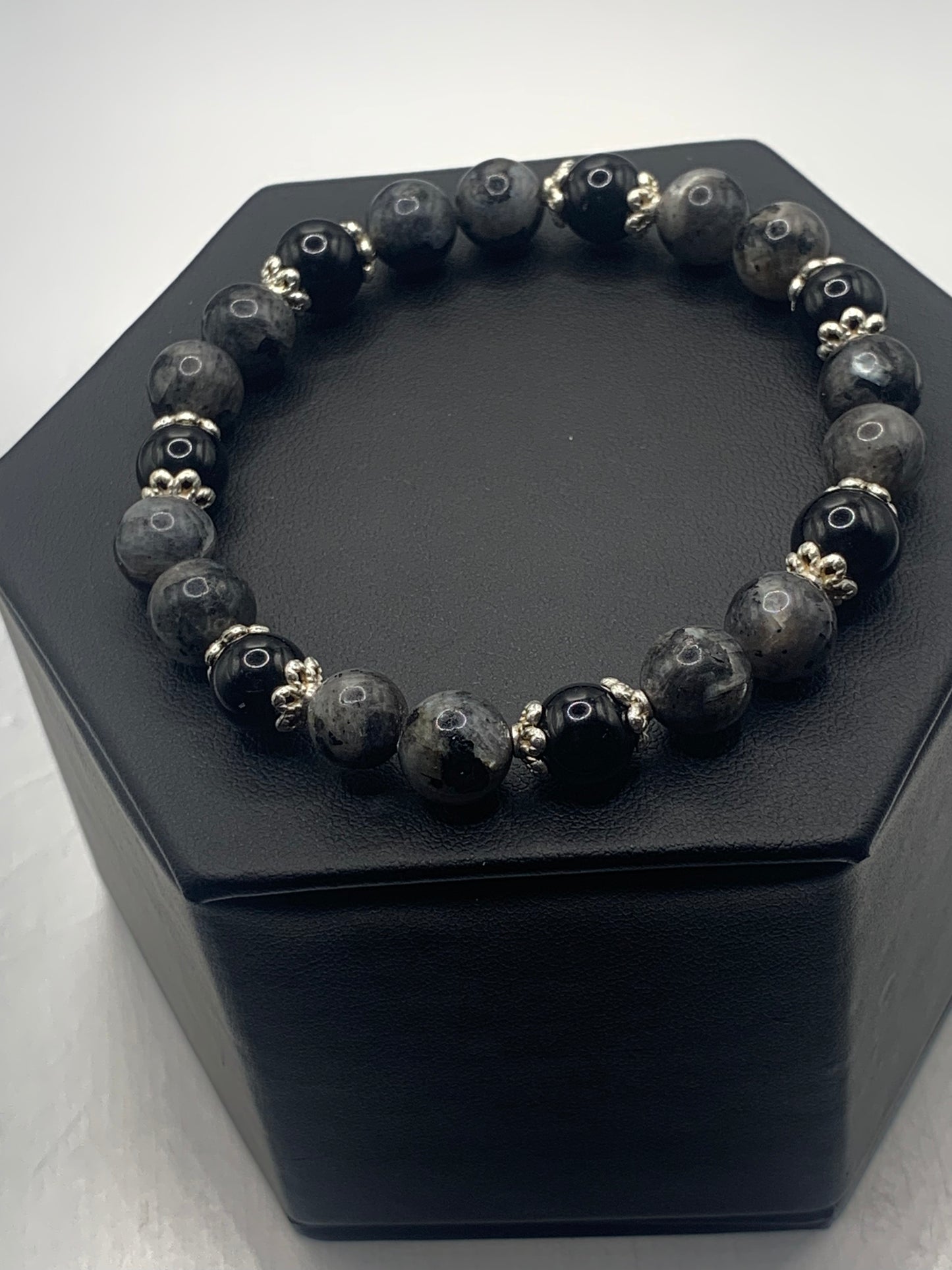 Black obsidian with larvikite semi precious stone/crystal beaded elastic bracelet with silver plated flower bead caps