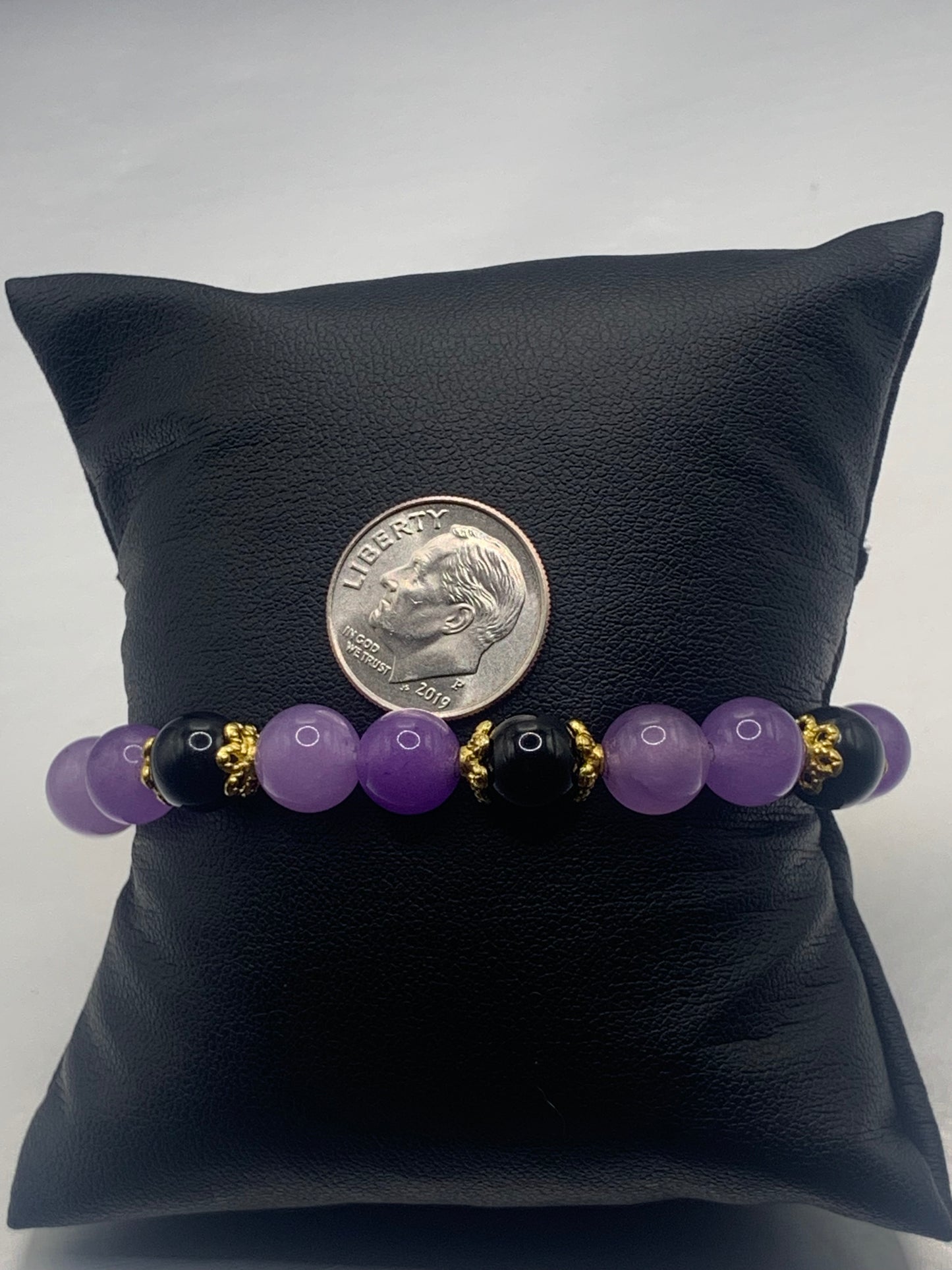 Black obsidian with lavender agate semi precious stone/crystal beaded elastic bracelet with gold plated flower bead caps