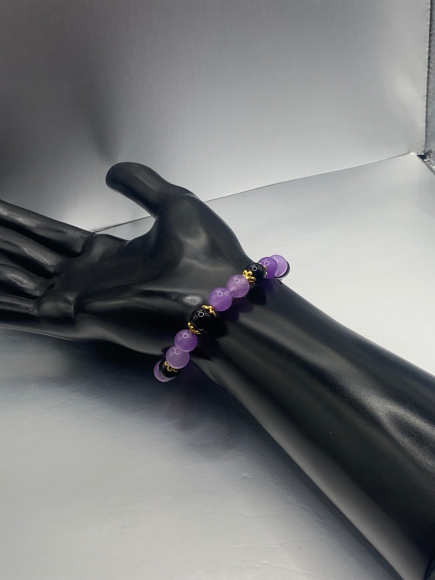 Black obsidian with lavender agate semi precious stone/crystal beaded elastic bracelet with gold plated flower bead caps