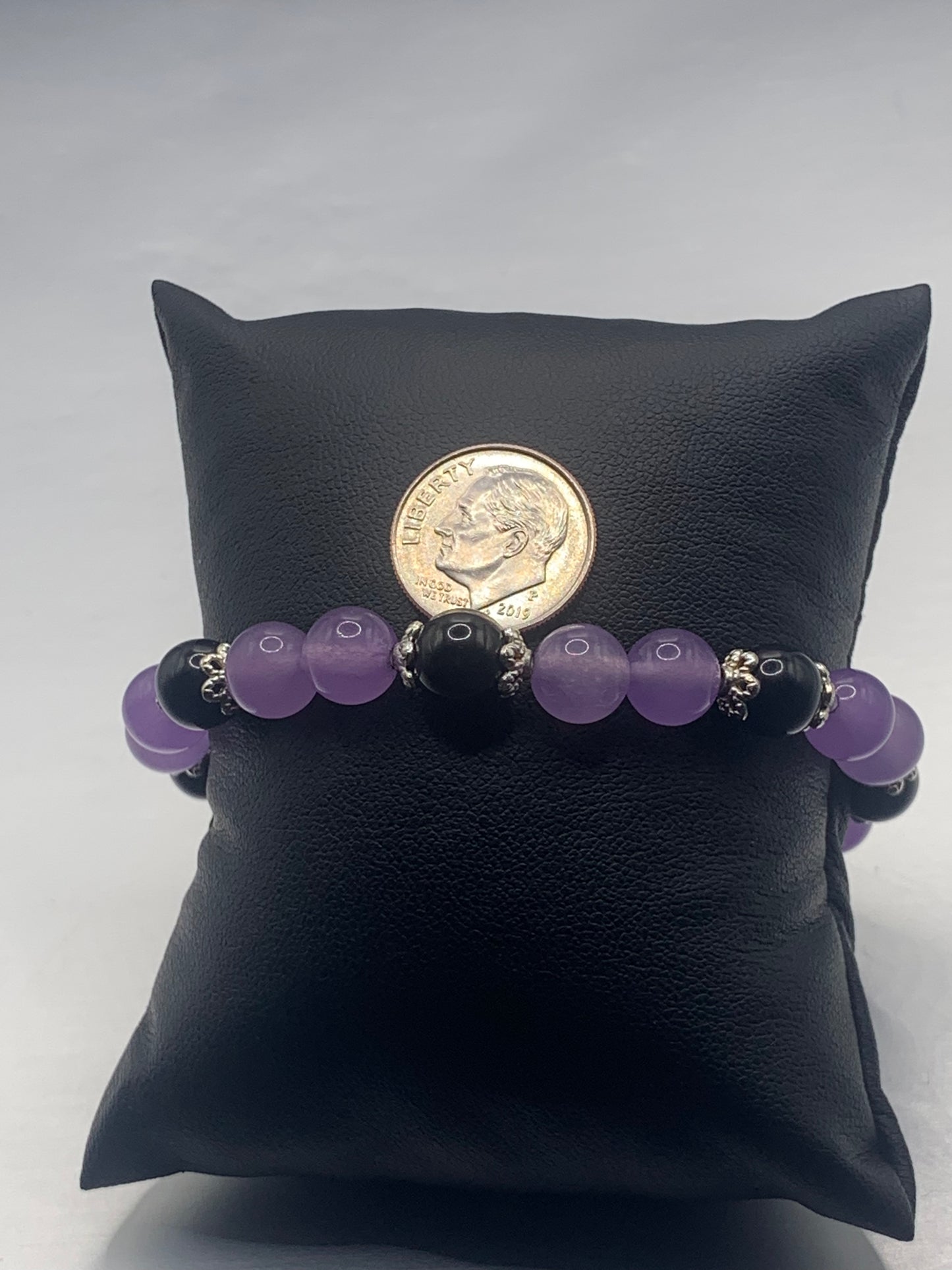 Black obsidian with lavender agate semi precious stone/crystal beaded elastic bracelet with silver plated flower bead caps