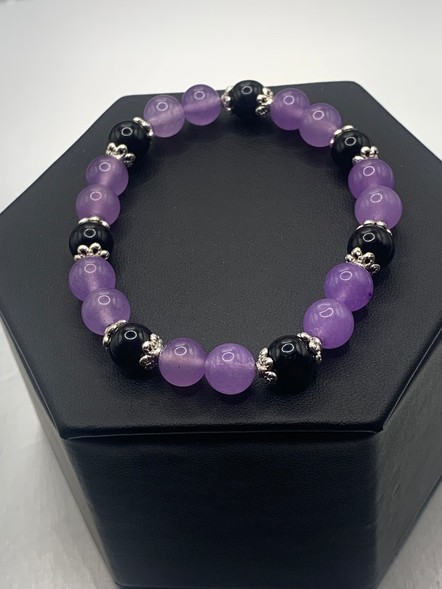 Black obsidian with lavender agate semi precious stone/crystal beaded elastic bracelet with silver plated flower bead caps
