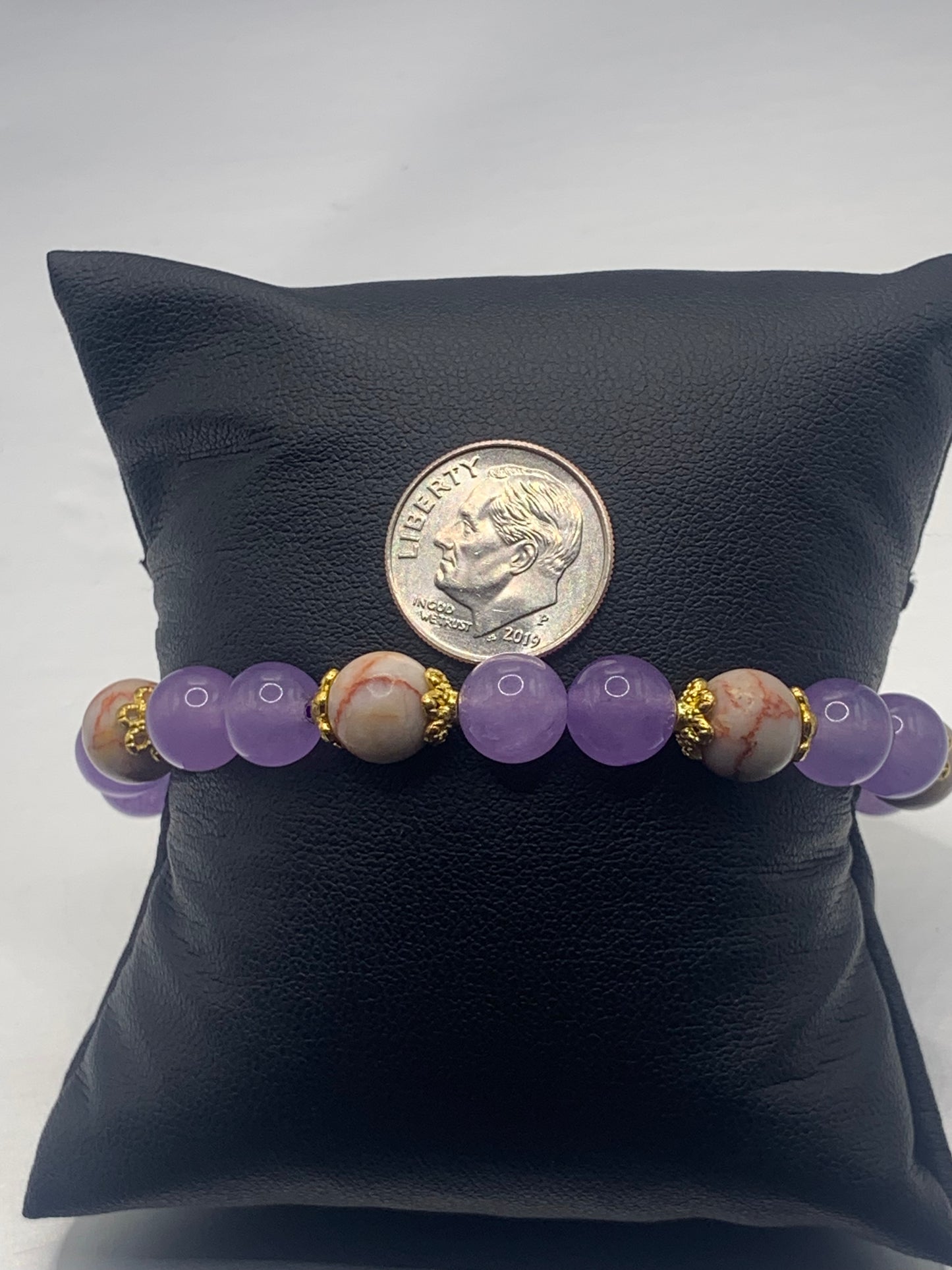 Red vein jasper and lavender agate semi precious stone/crystal elastic beaded bracelet with gold plated flower bead caps