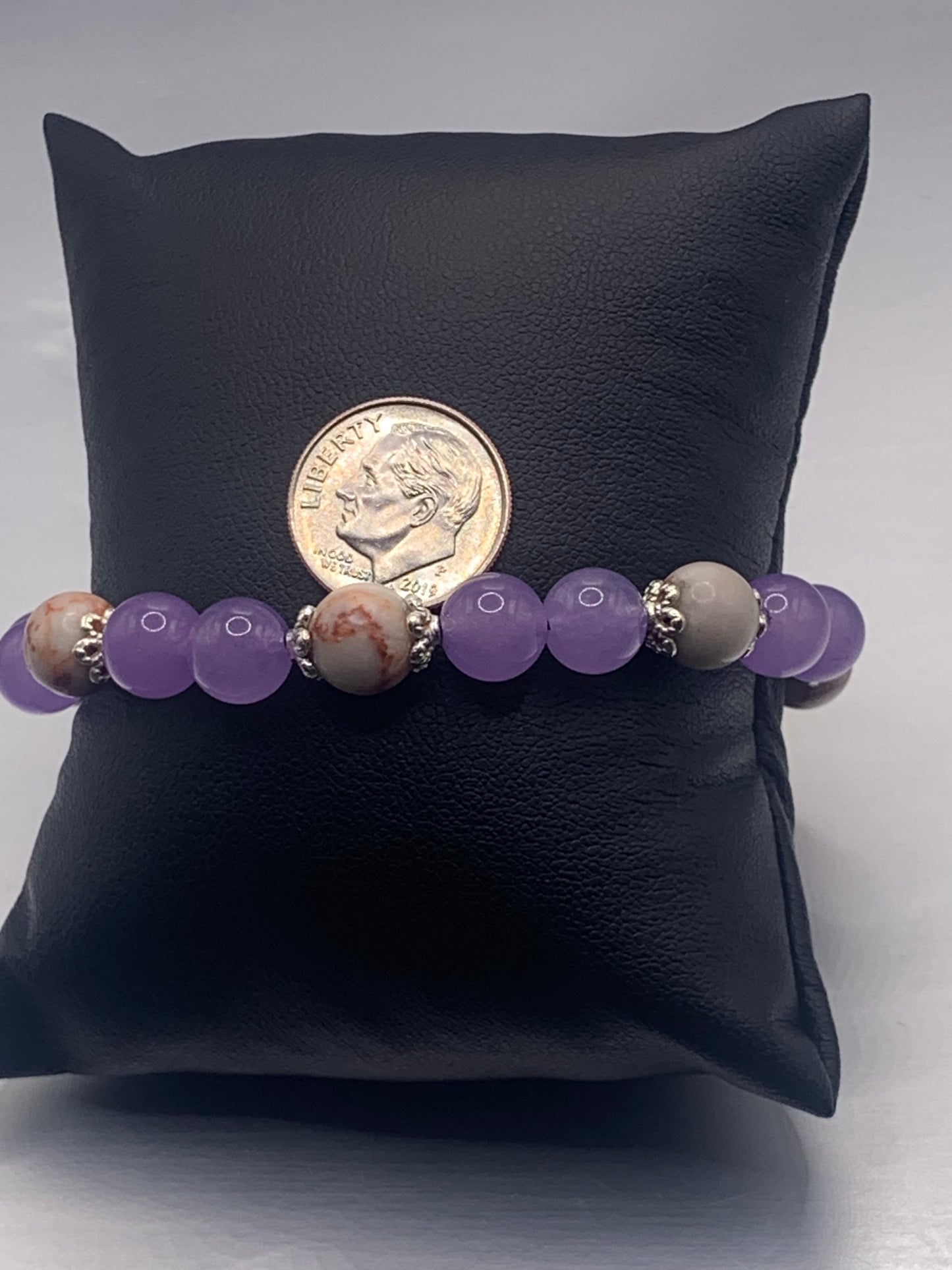 Red vein jasper and lavender agate semi precious stone/crystal elastic beaded bracelet with silver plated flower bead caps