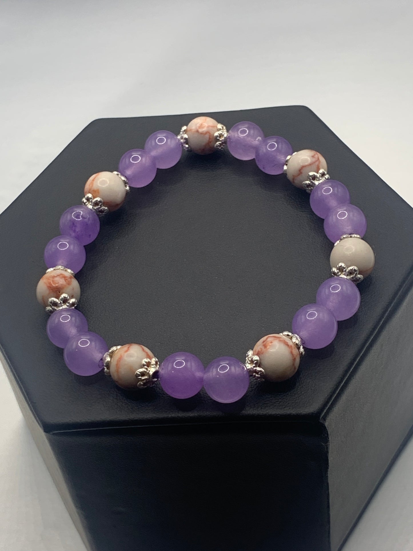 Red vein jasper and lavender agate semi precious stone/crystal elastic beaded bracelet with silver plated flower bead caps