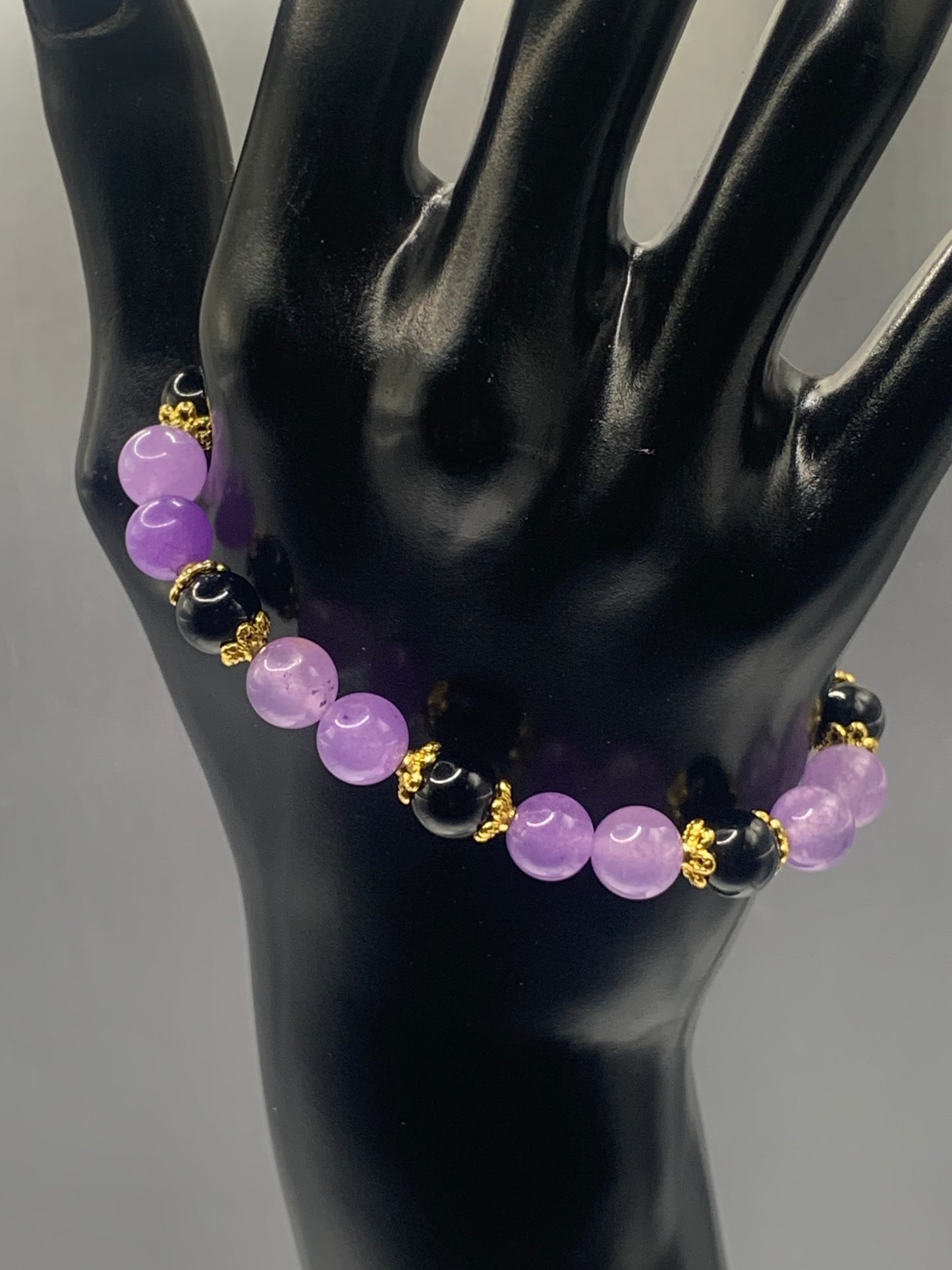 Black obsidian with lavender agate semi precious stone/crystal beaded elastic bracelet with gold plated flower bead caps