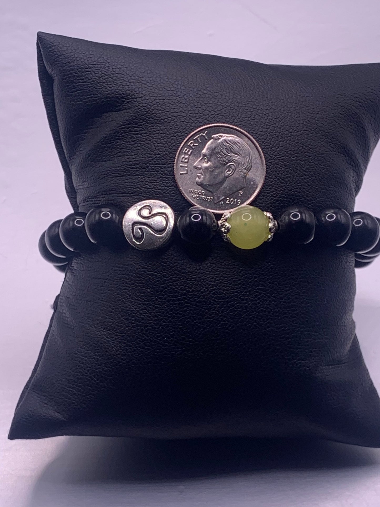 Leo Zodiac black obsidian with apple agate elastic beaded bracelet with silver accents