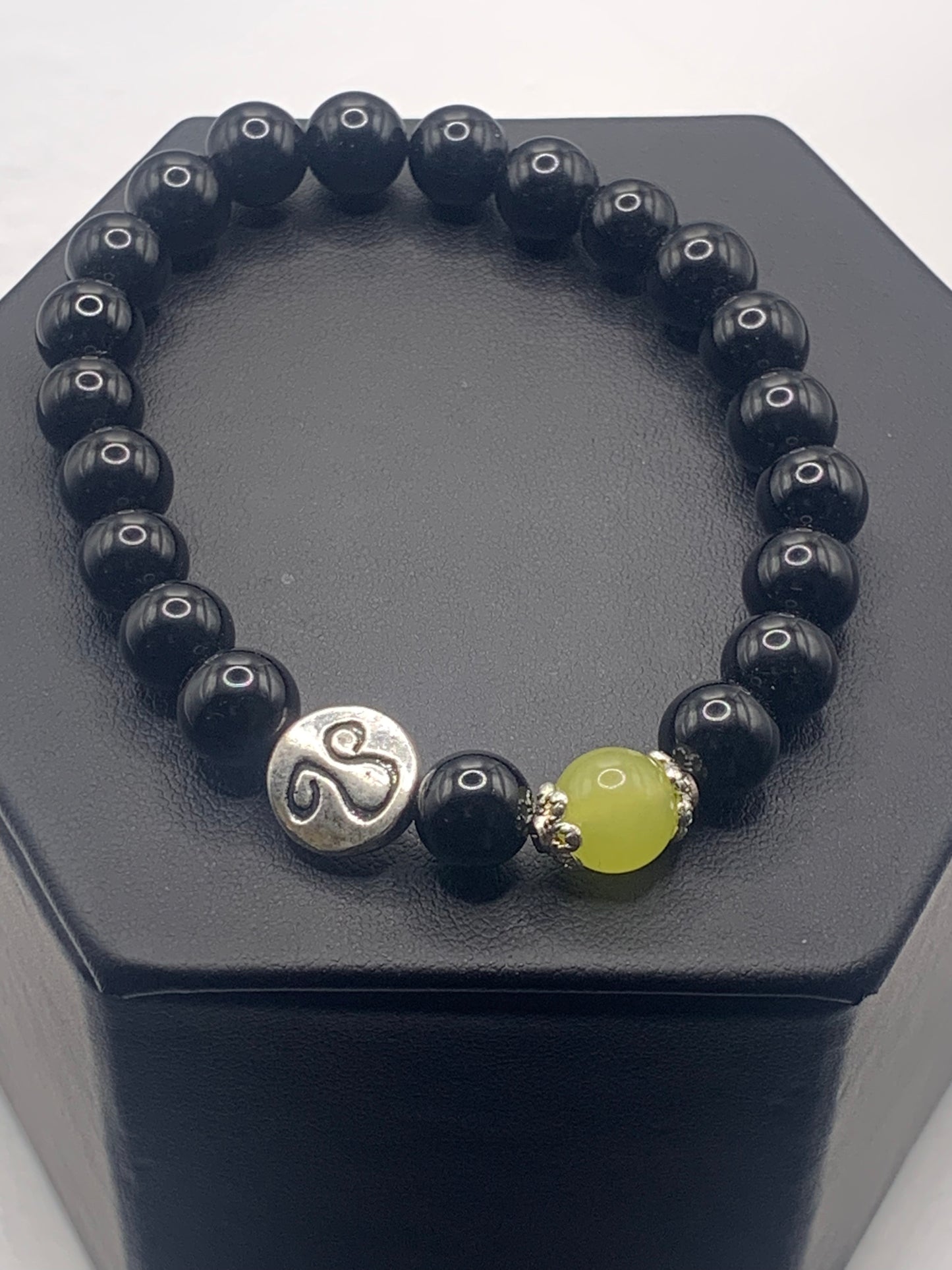 Leo Zodiac black obsidian with apple agate elastic beaded bracelet with silver accents