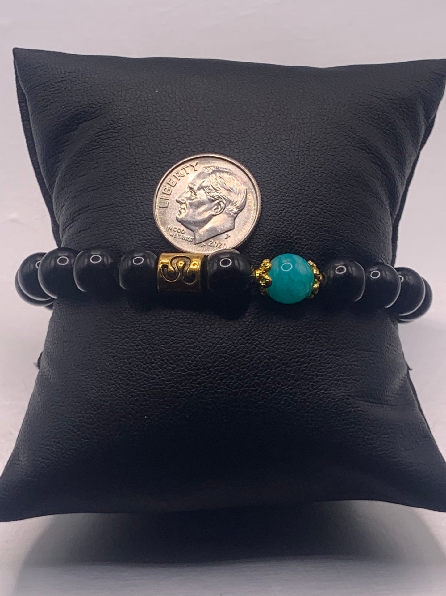 Leo Zodiac black obsidian with aquamarine chalcedony elastic beaded bracelet with gold accents