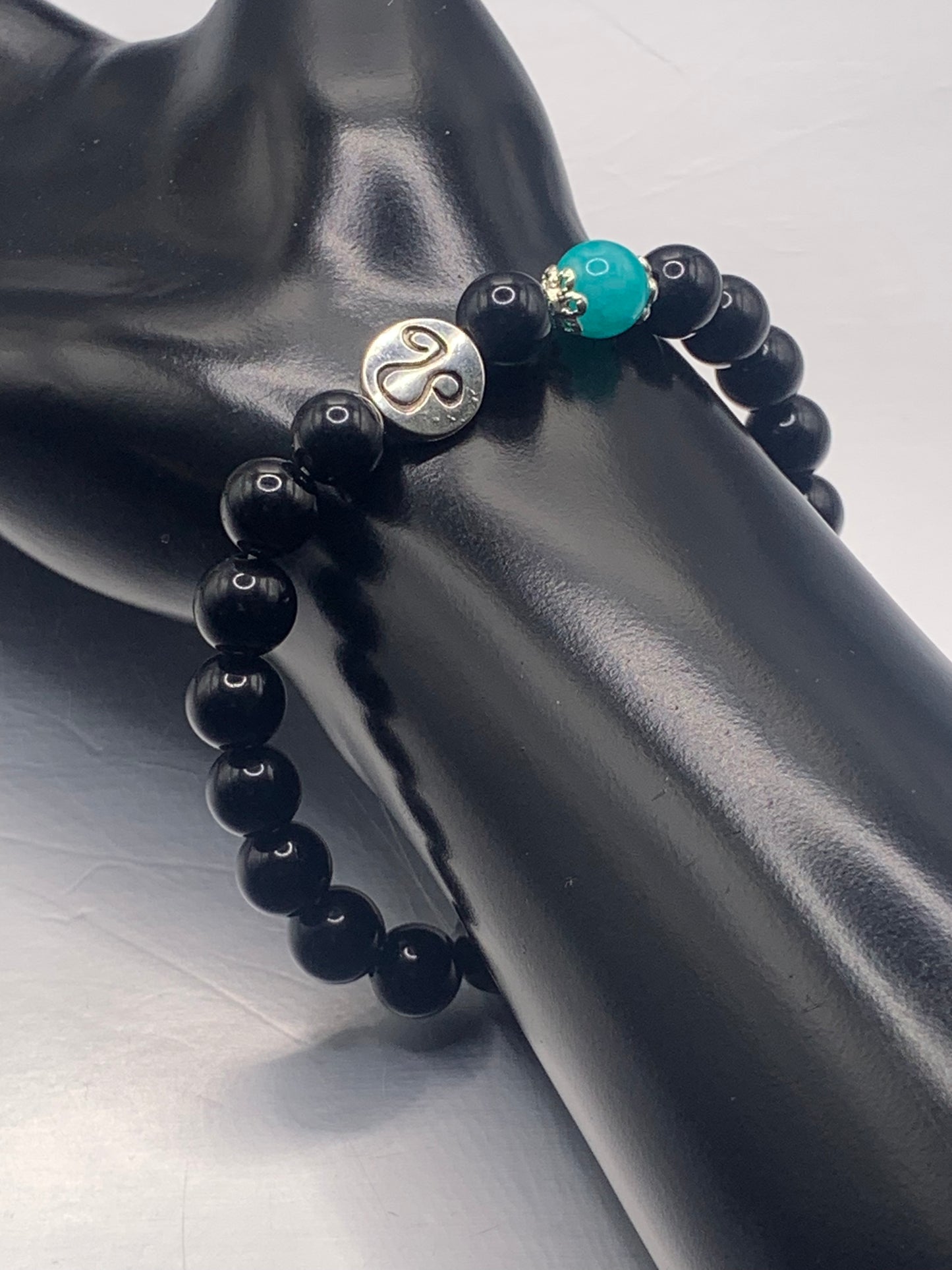 Leo Zodiac black obsidian with aquamarine chalcedony elastic beaded bracelet with silver accents