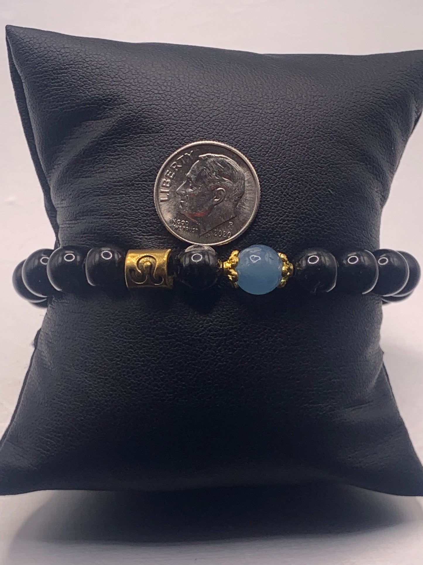 Leo Zodiac black obsidian with blue agate elastic beaded bracelet with gold accents