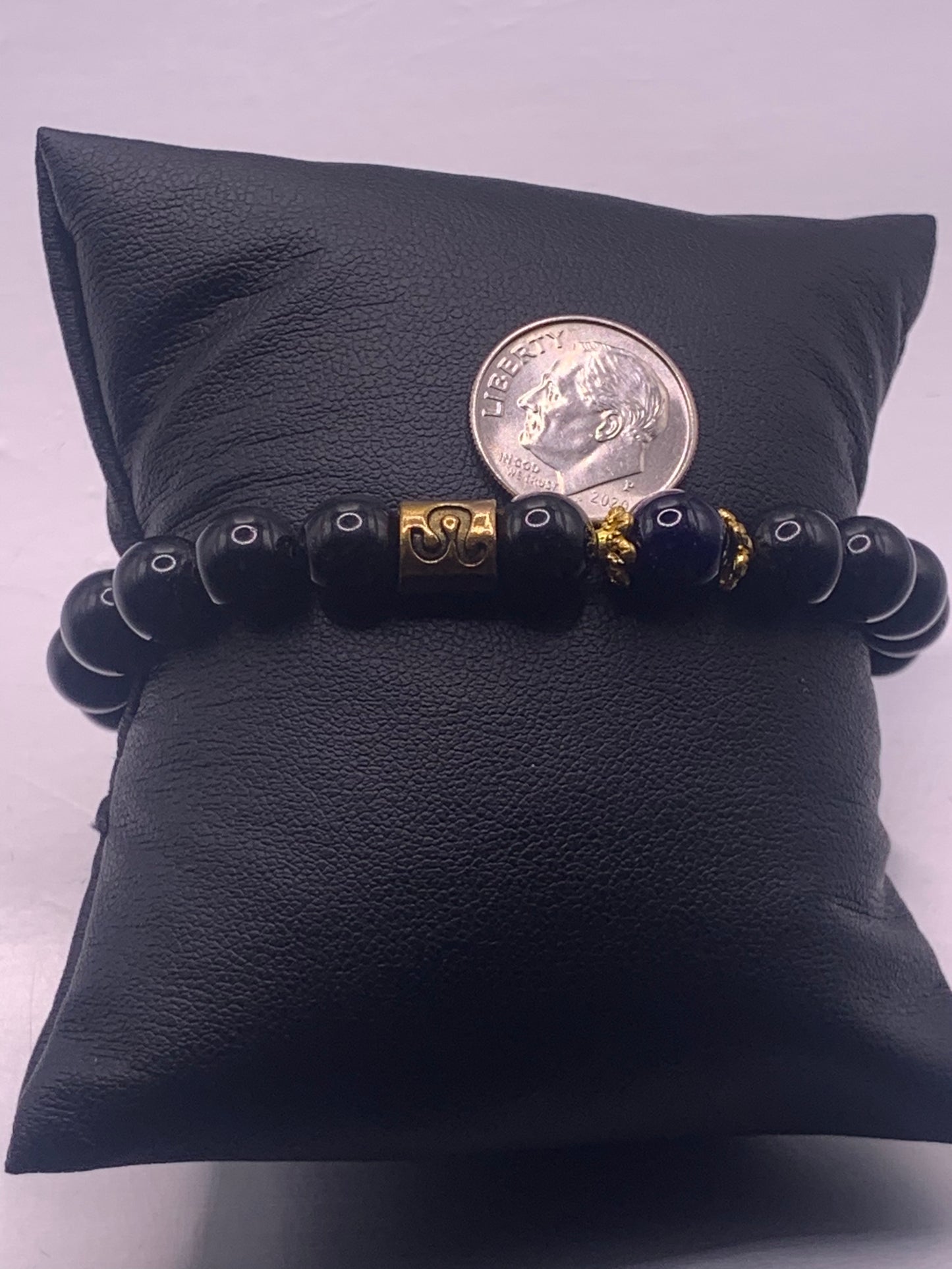 Leo Zodiac black obsidian with blue lace agate elastic beaded bracelet with gold accents