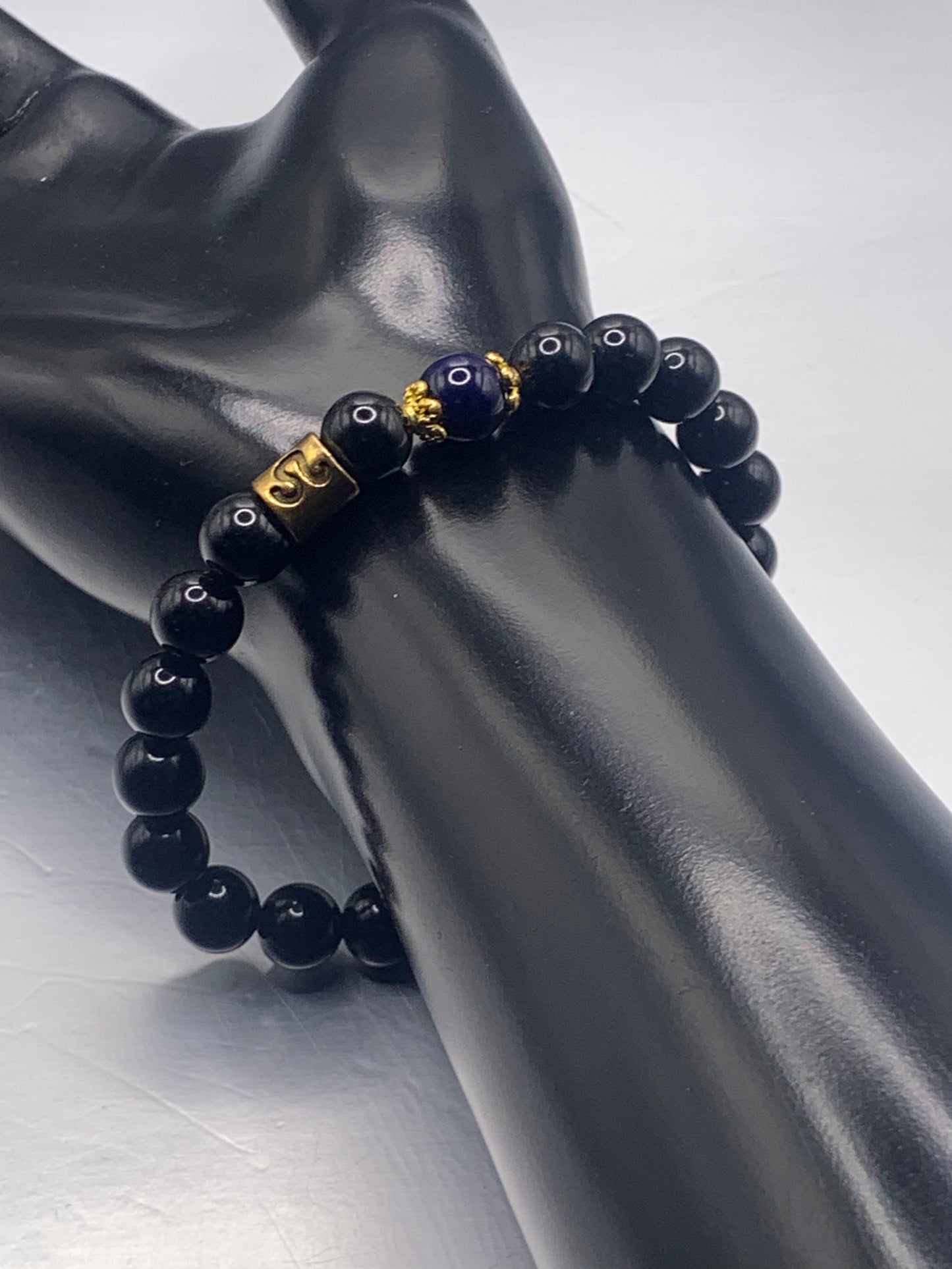 Leo Zodiac black obsidian with blue lace agate elastic beaded bracelet with gold accents