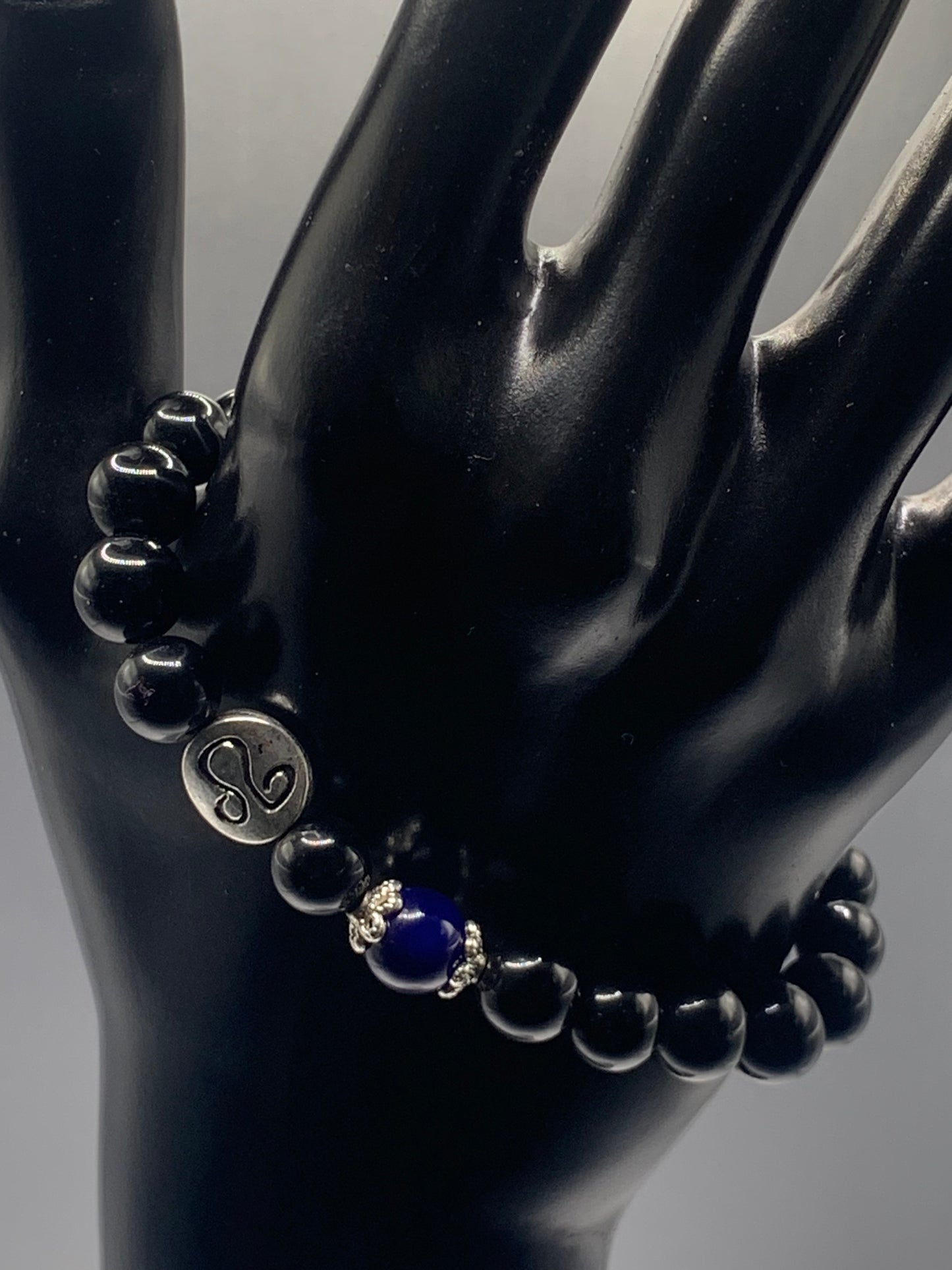 Leo Zodiac black obsidian with blue lace agate elastic beaded bracelet with silver accents