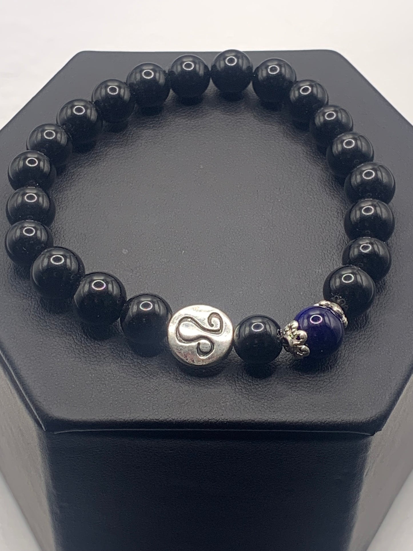 Leo Zodiac black obsidian with blue lace agate elastic beaded bracelet with silver accents