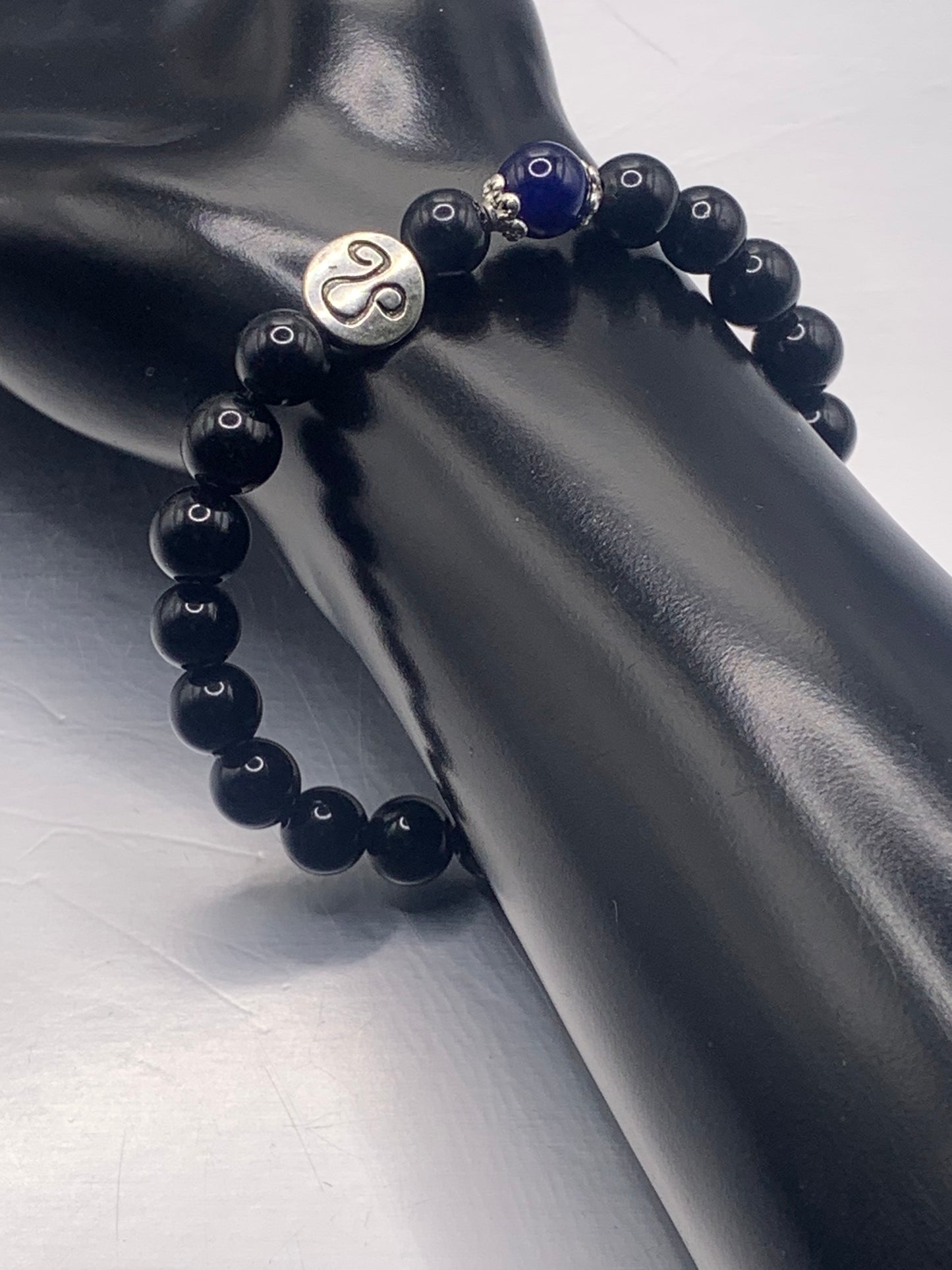 Leo Zodiac black obsidian with blue lace agate elastic beaded bracelet with silver accents