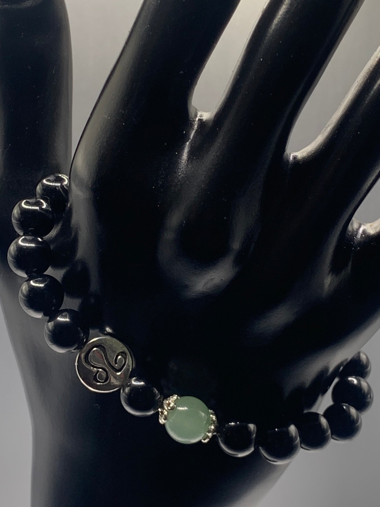 Leo Zodiac black obsidian with green aventurine elastic beaded bracelet with silver accents
