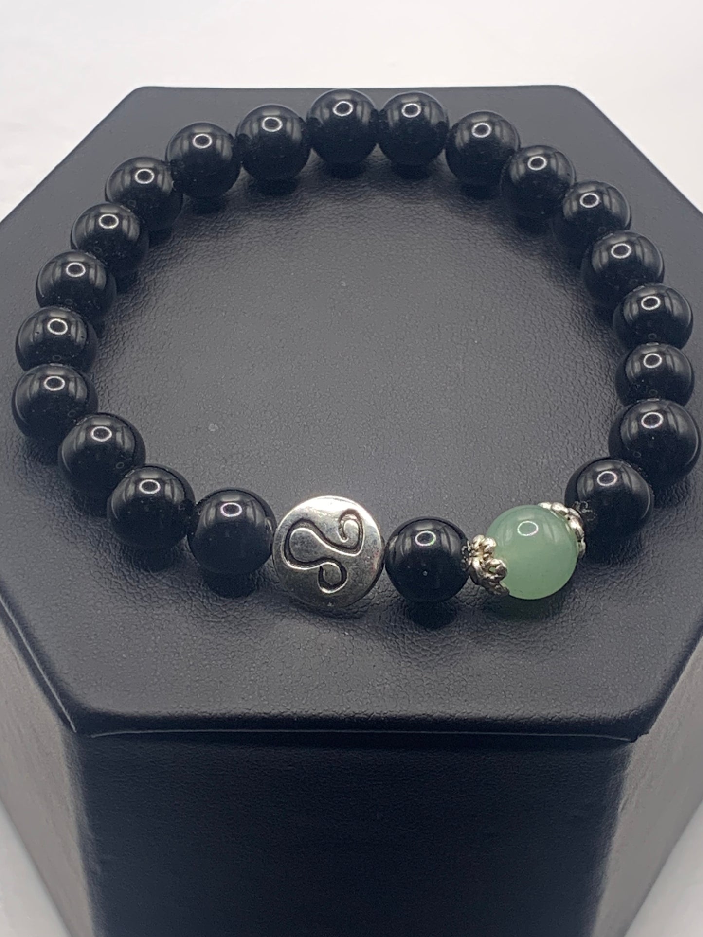 Leo Zodiac black obsidian with green aventurine elastic beaded bracelet with silver accents