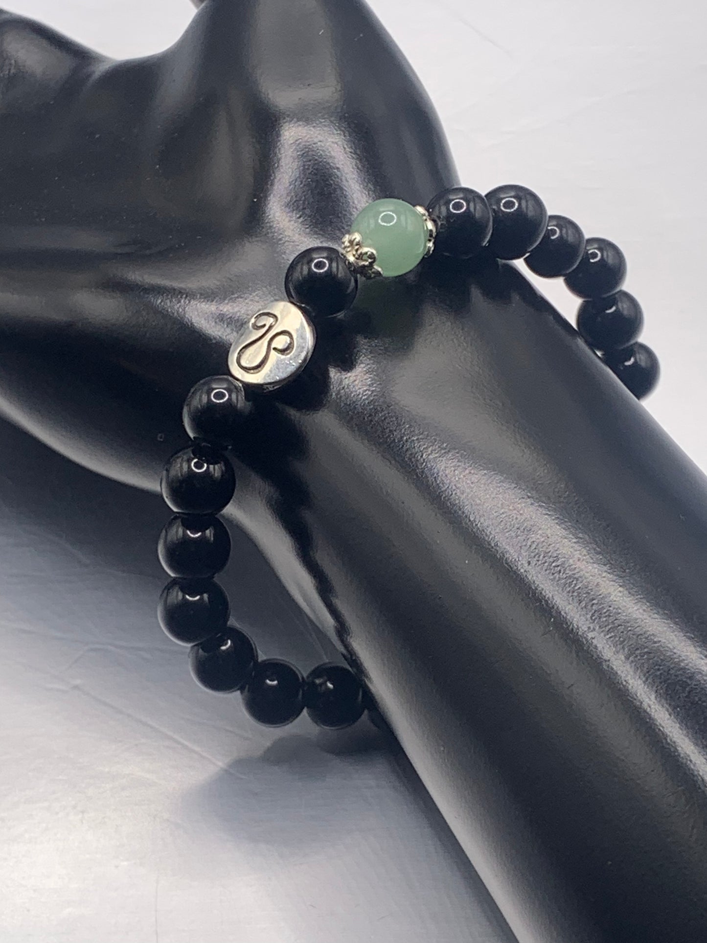 Leo Zodiac black obsidian with green aventurine elastic beaded bracelet with silver accents