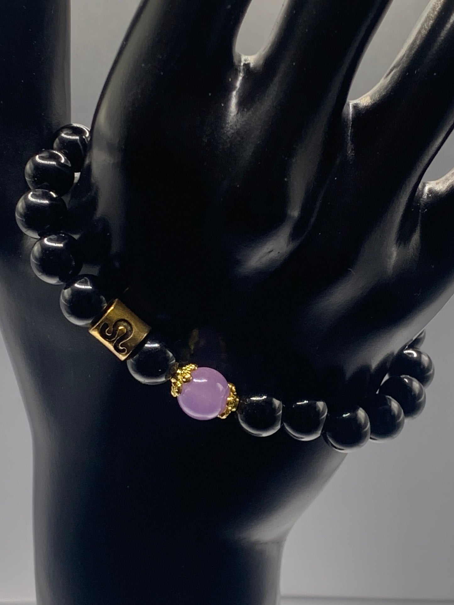Leo Zodiac black obsidian with lavender agate elastic beaded bracelet with gold accents