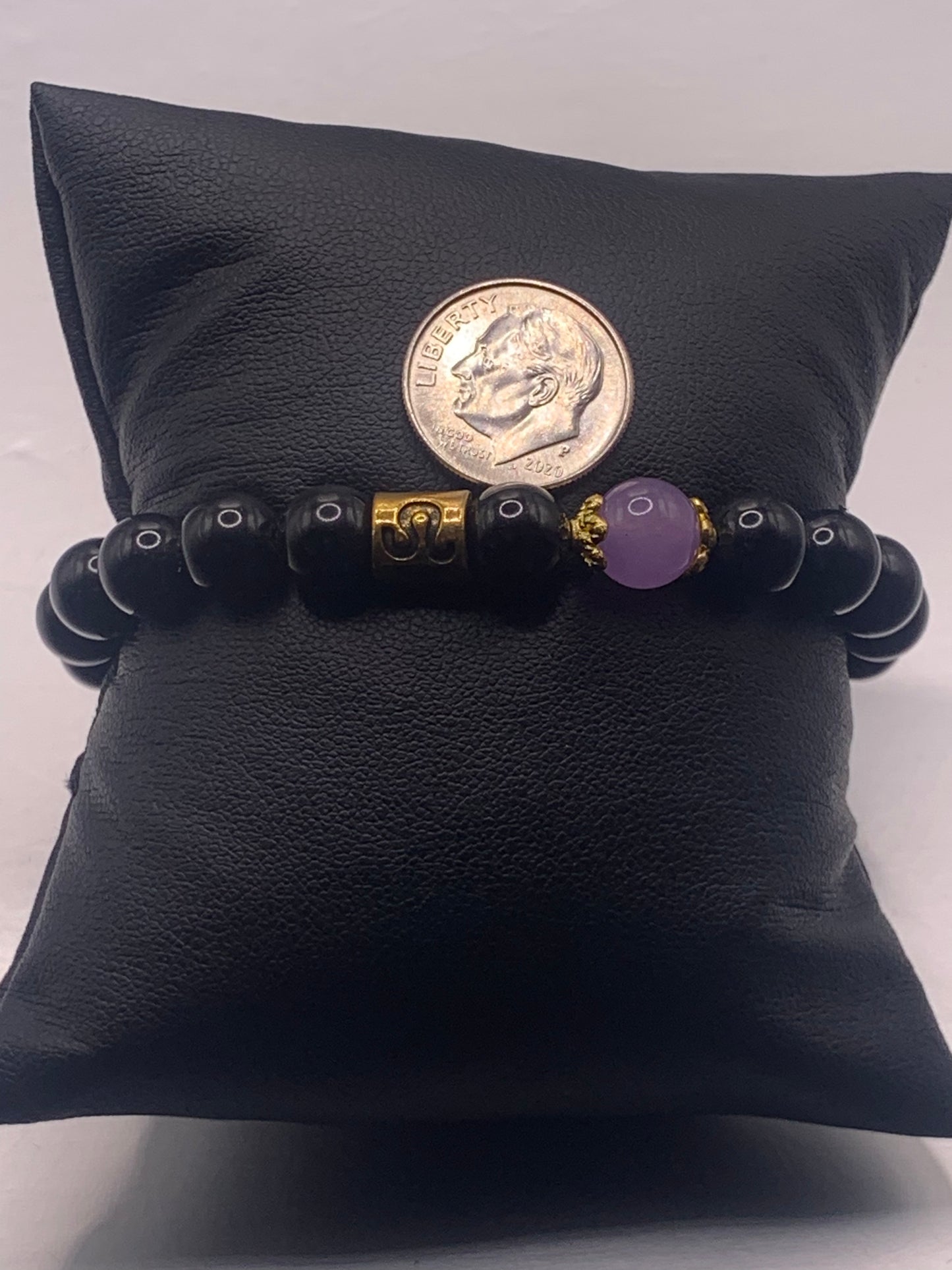 Leo Zodiac black obsidian with lavender agate elastic beaded bracelet with gold accents