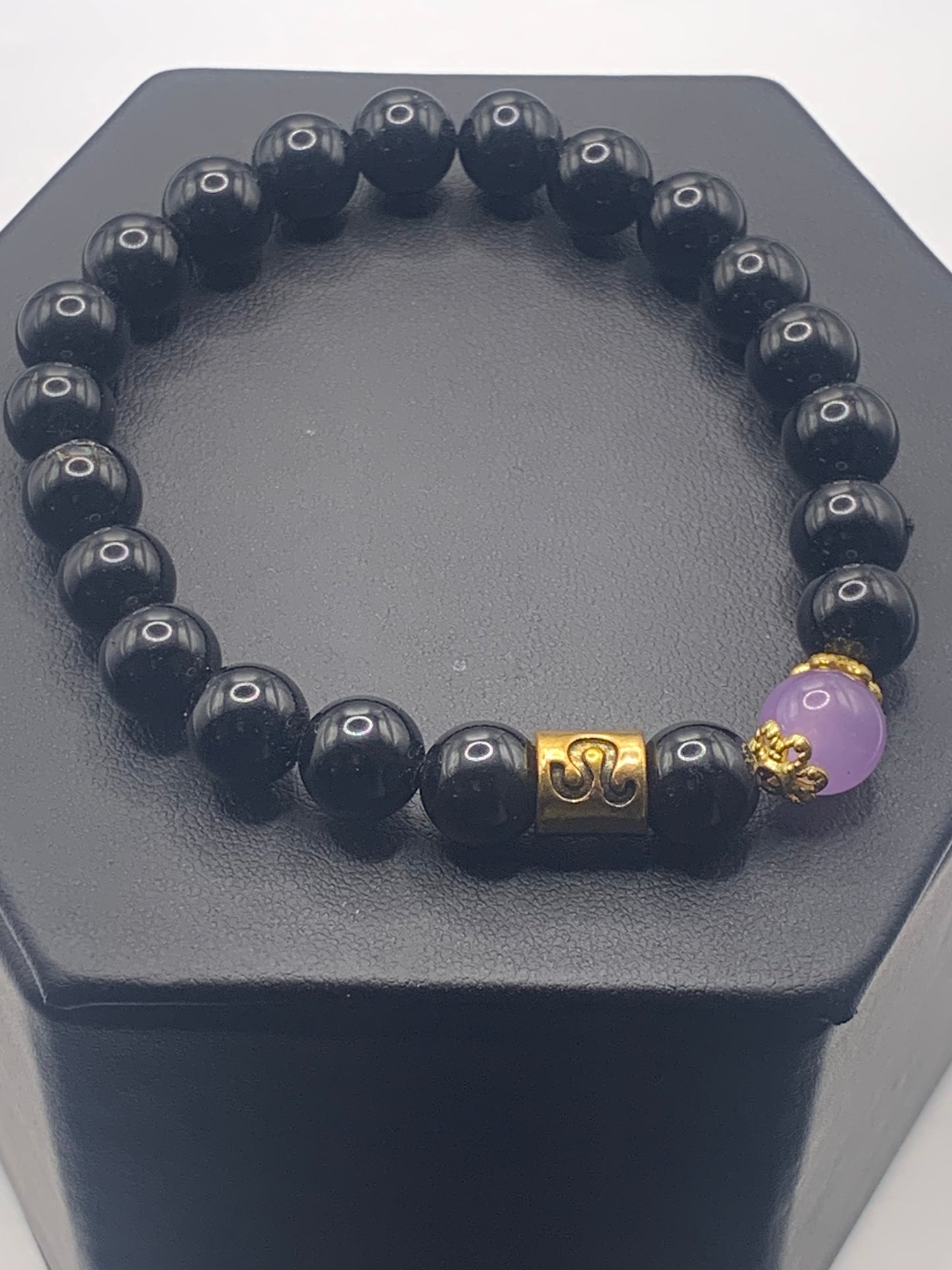 Leo Zodiac black obsidian with lavender agate elastic beaded bracelet with gold accents