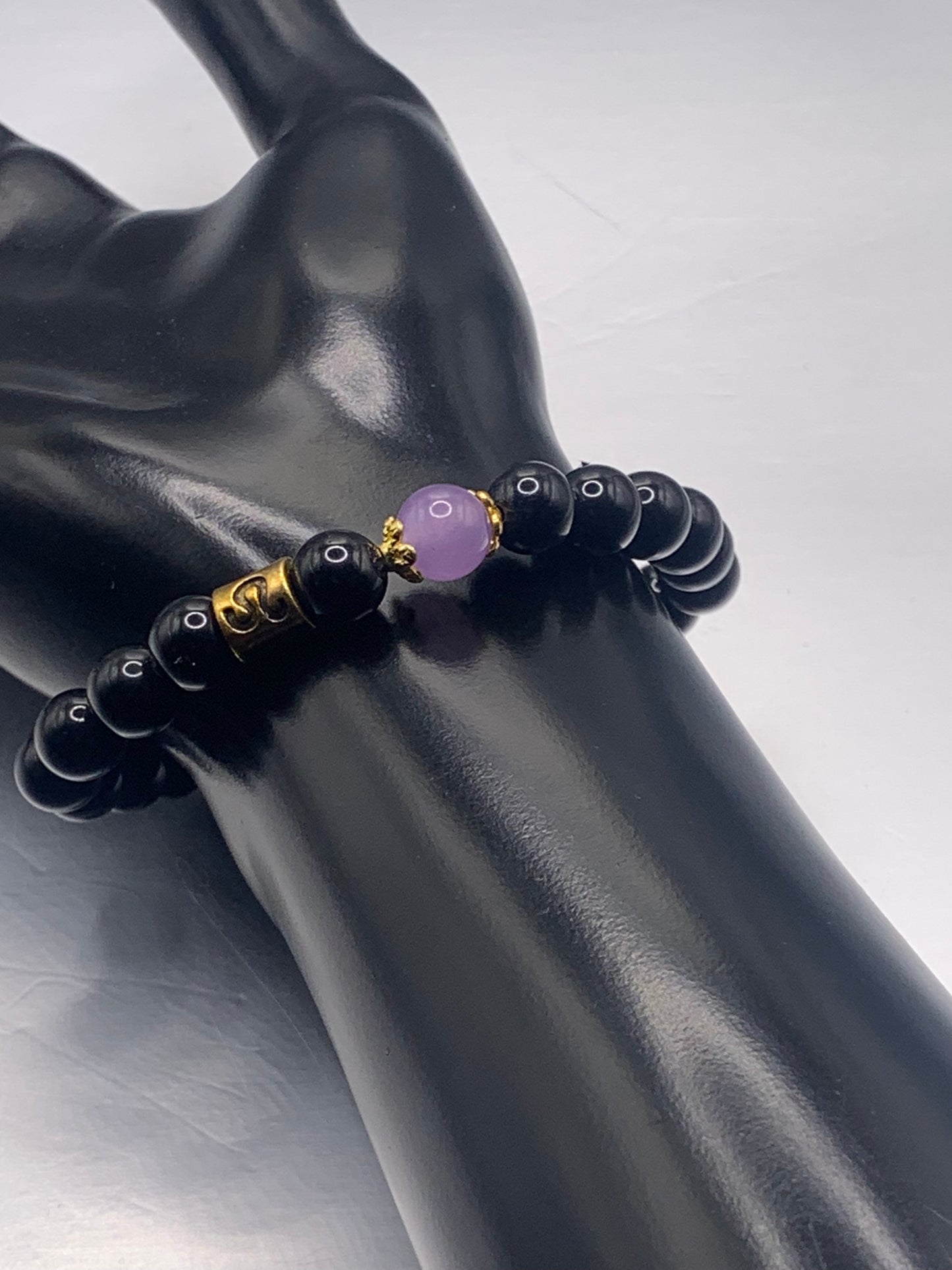 Leo Zodiac black obsidian with lavender agate elastic beaded bracelet with gold accents