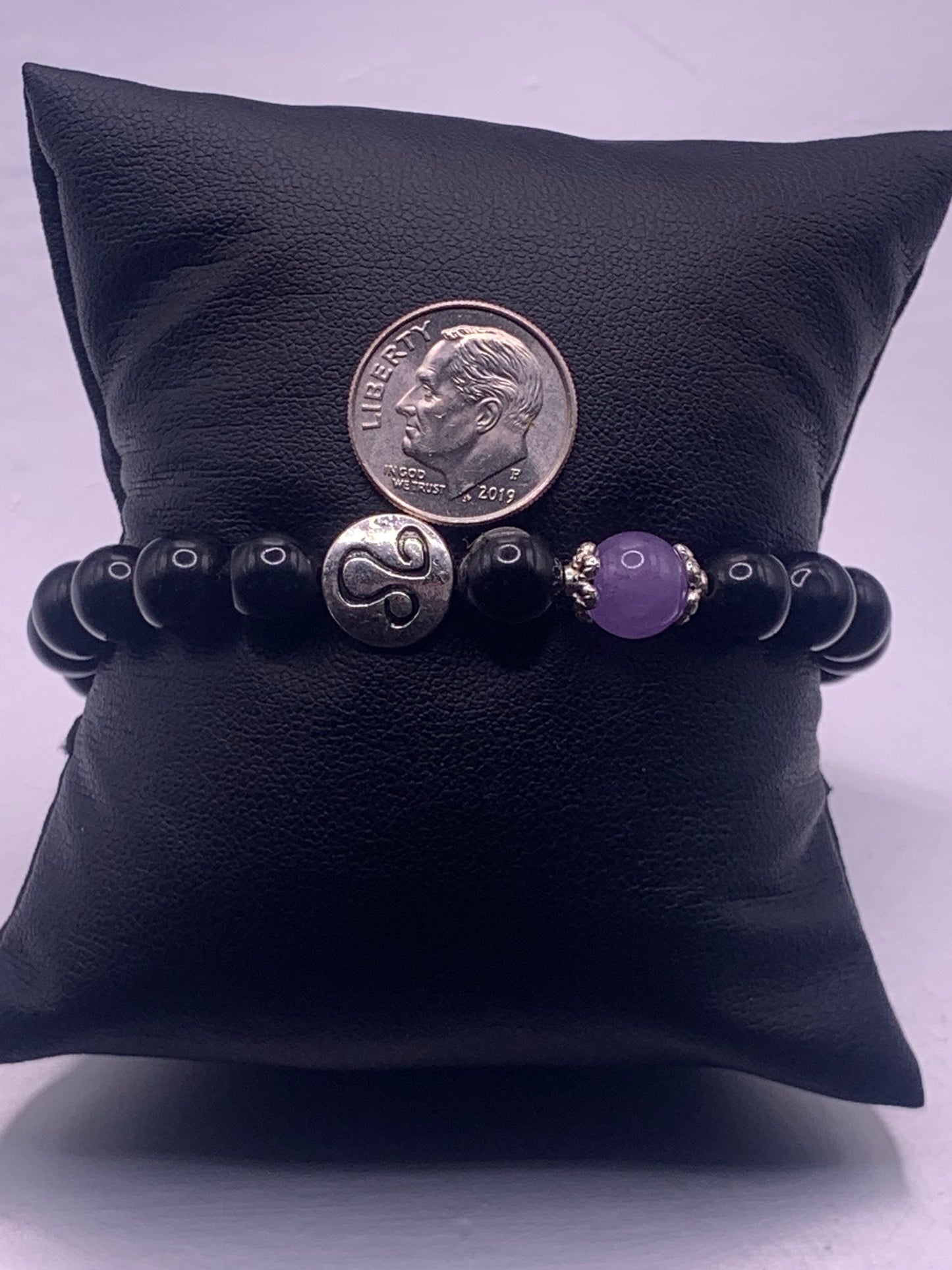 Leo Zodiac black obsidian with lavender agate elastic beaded bracelet with silver accents