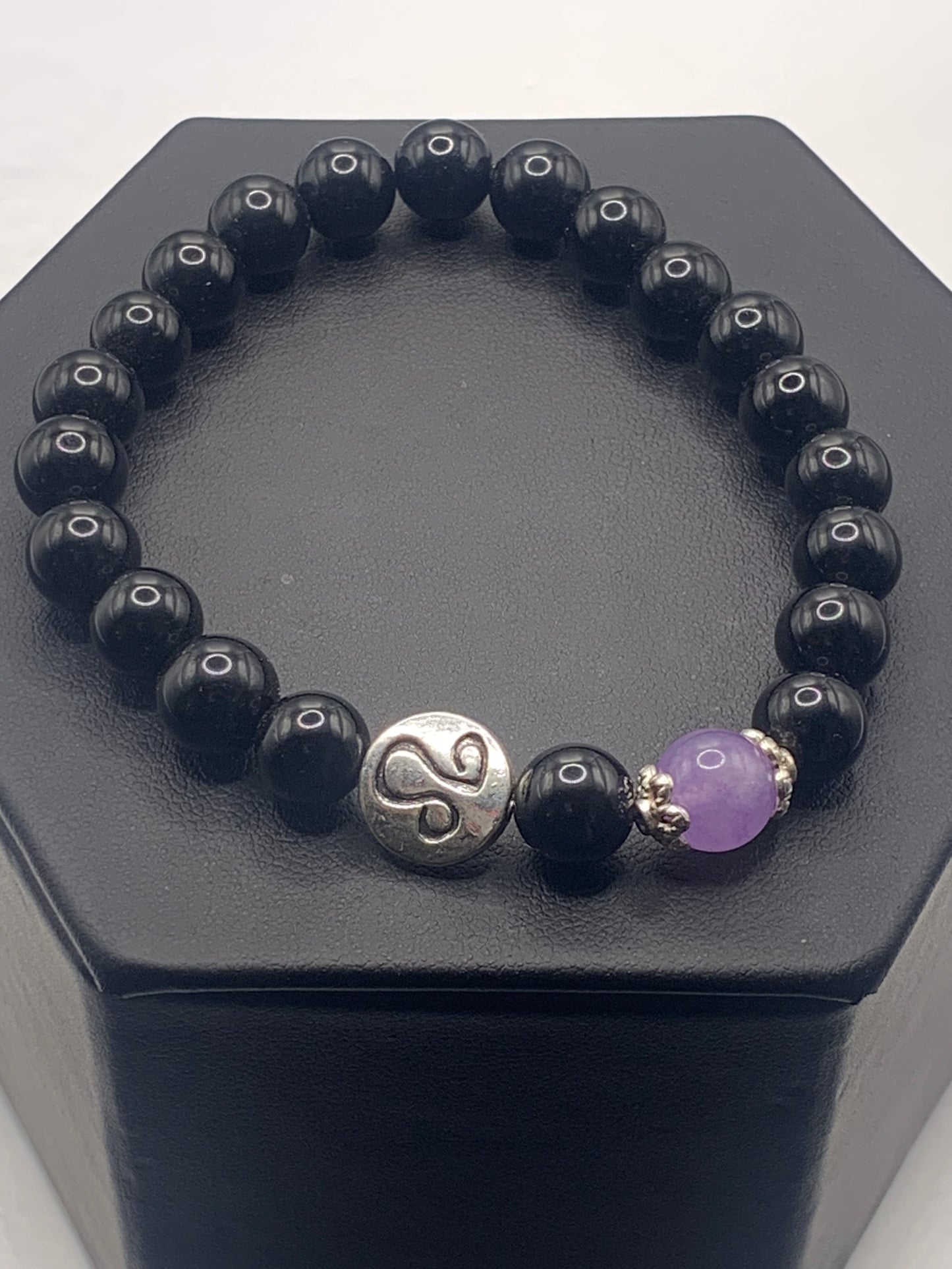 Leo Zodiac black obsidian with lavender agate elastic beaded bracelet with silver accents
