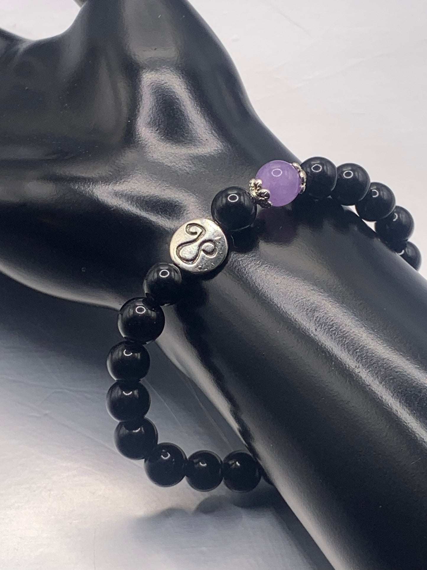 Leo Zodiac black obsidian with lavender agate elastic beaded bracelet with silver accents
