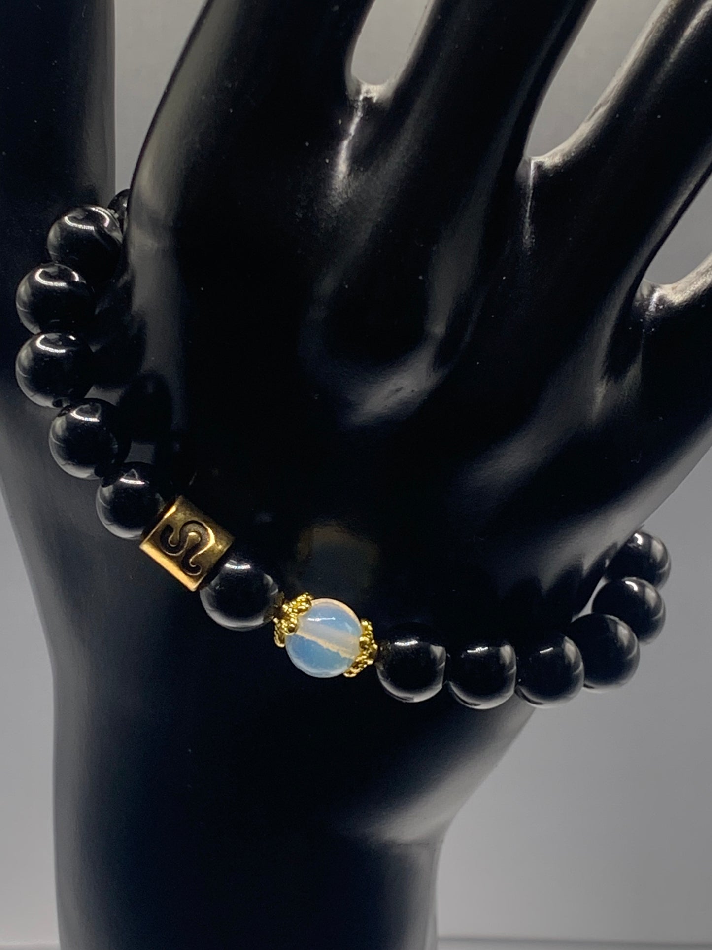 Leo Zodiac black obsidian with opalite elastic beaded bracelet with gold accents