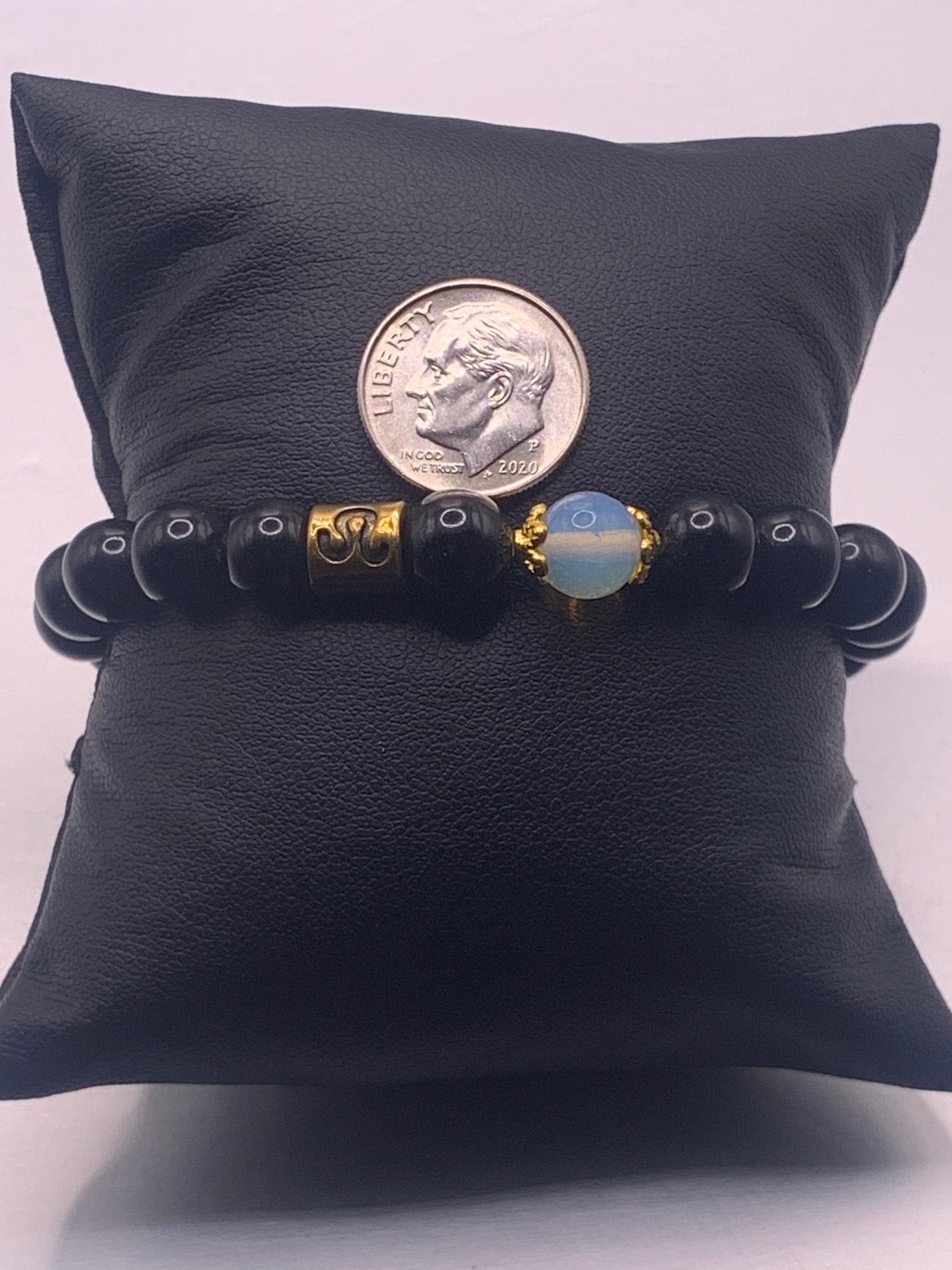 Leo Zodiac black obsidian with opalite elastic beaded bracelet with gold accents