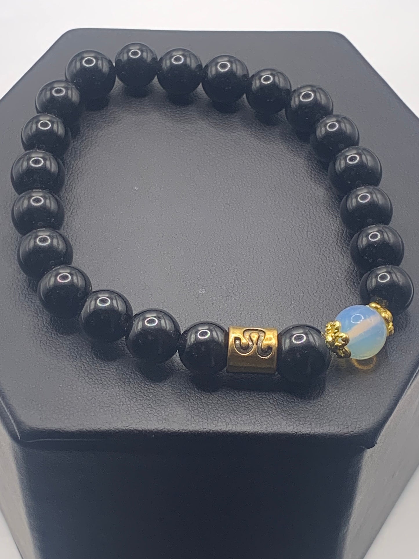 Leo Zodiac black obsidian with opalite elastic beaded bracelet with gold accents