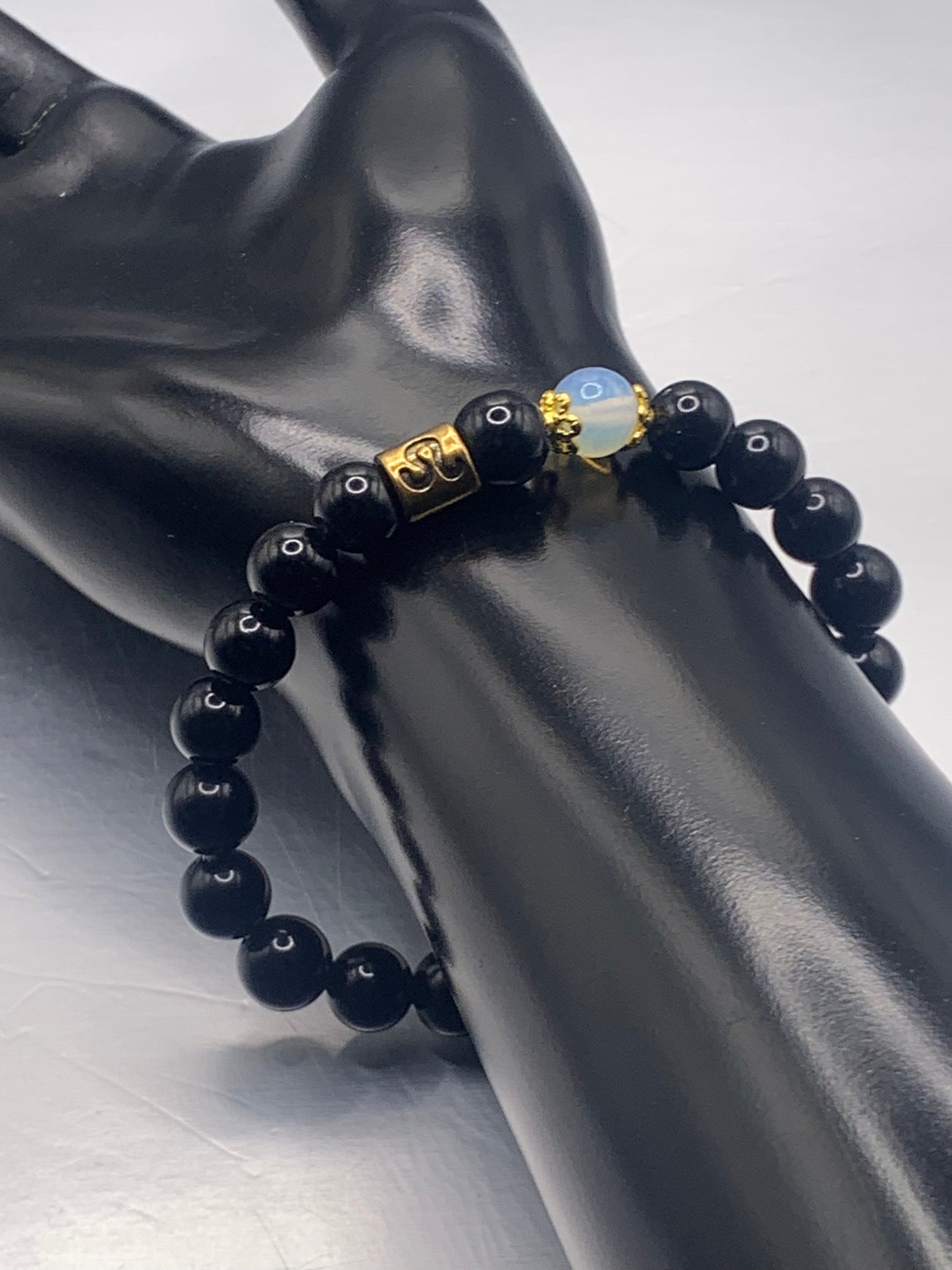 Leo Zodiac black obsidian with opalite elastic beaded bracelet with gold accents