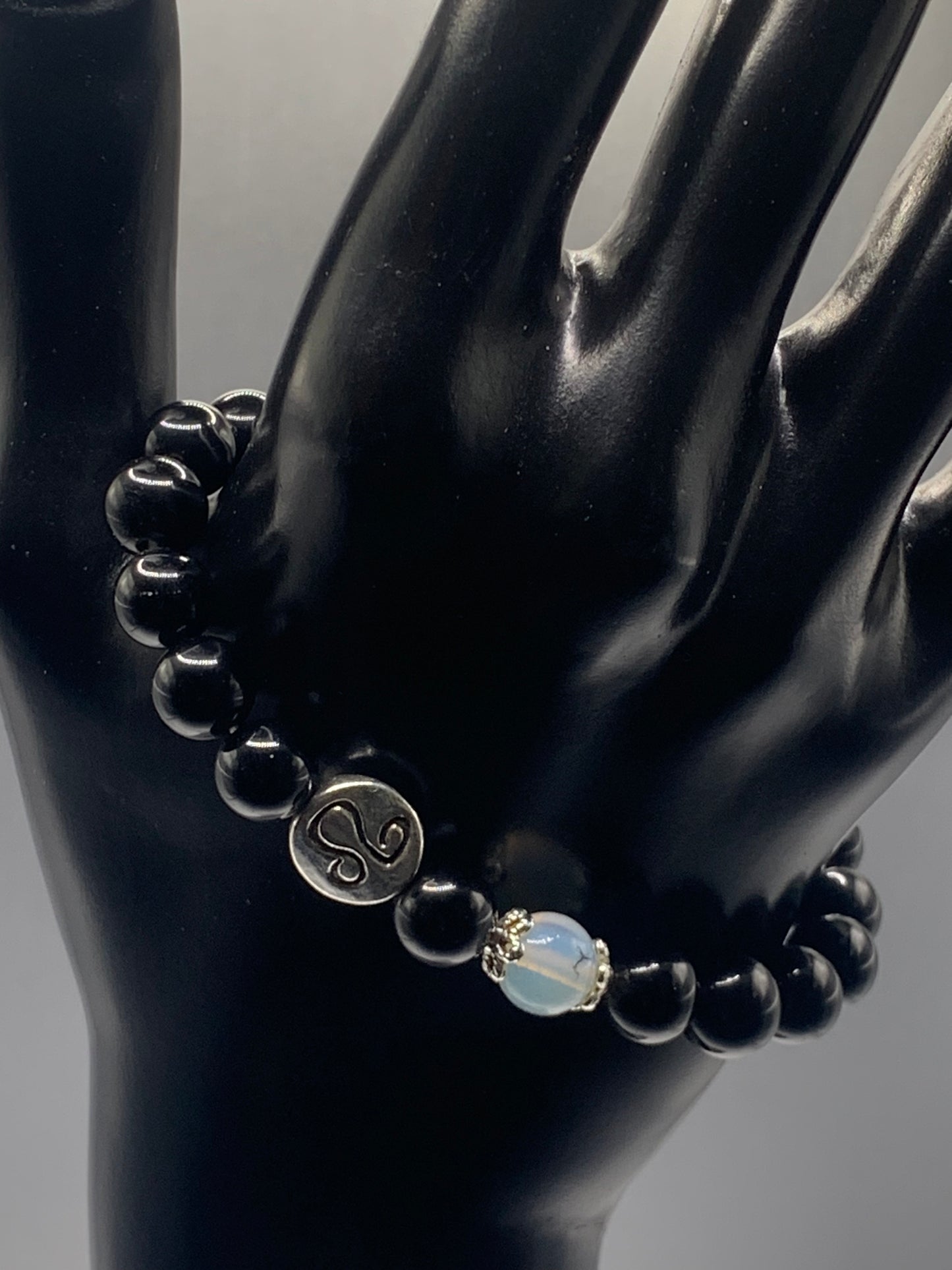 Leo Zodiac black obsidian with opalite elastic beaded bracelet with silver accents