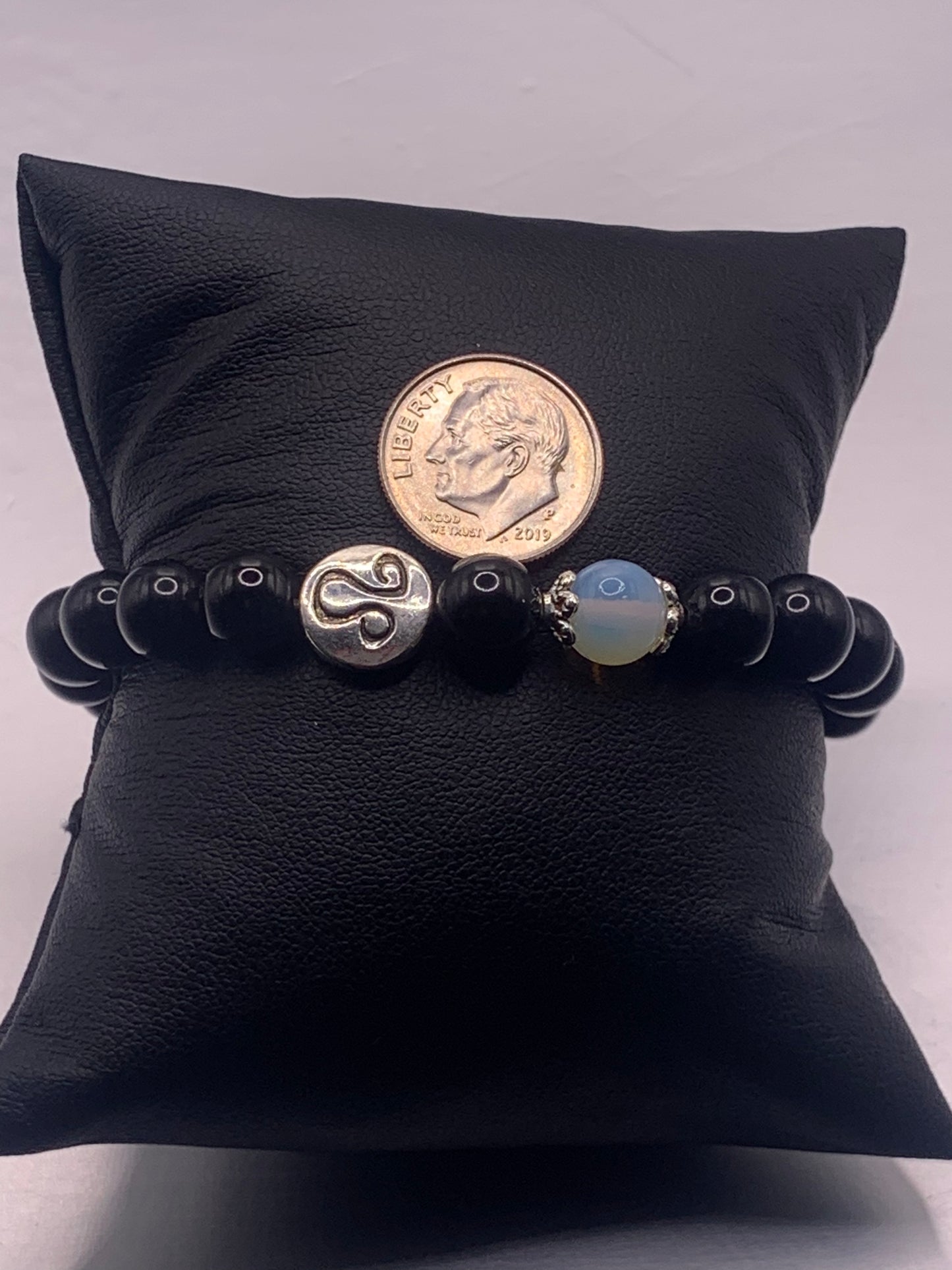 Leo Zodiac black obsidian with opalite elastic beaded bracelet with silver accents