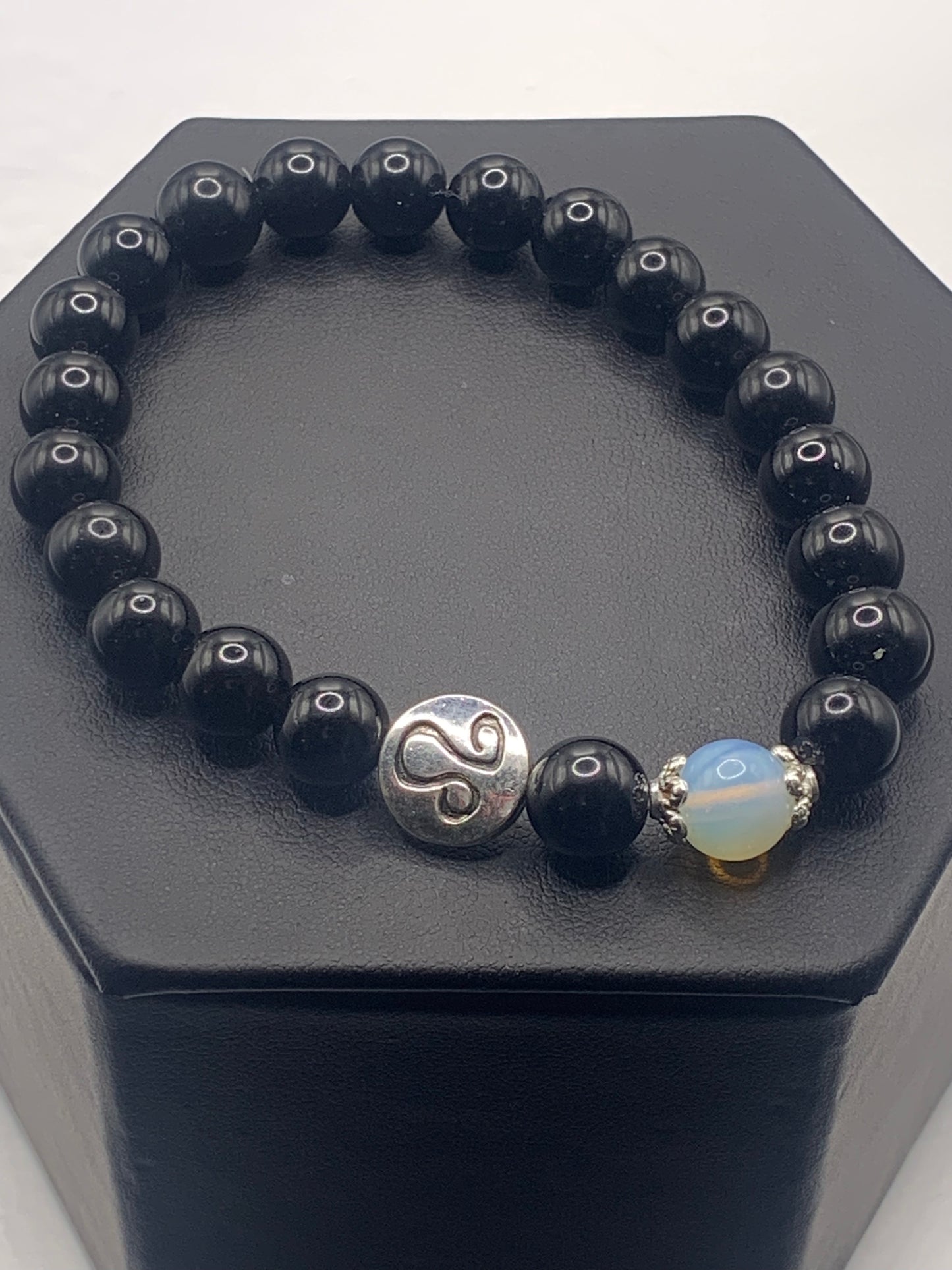 Leo Zodiac black obsidian with opalite elastic beaded bracelet with silver accents