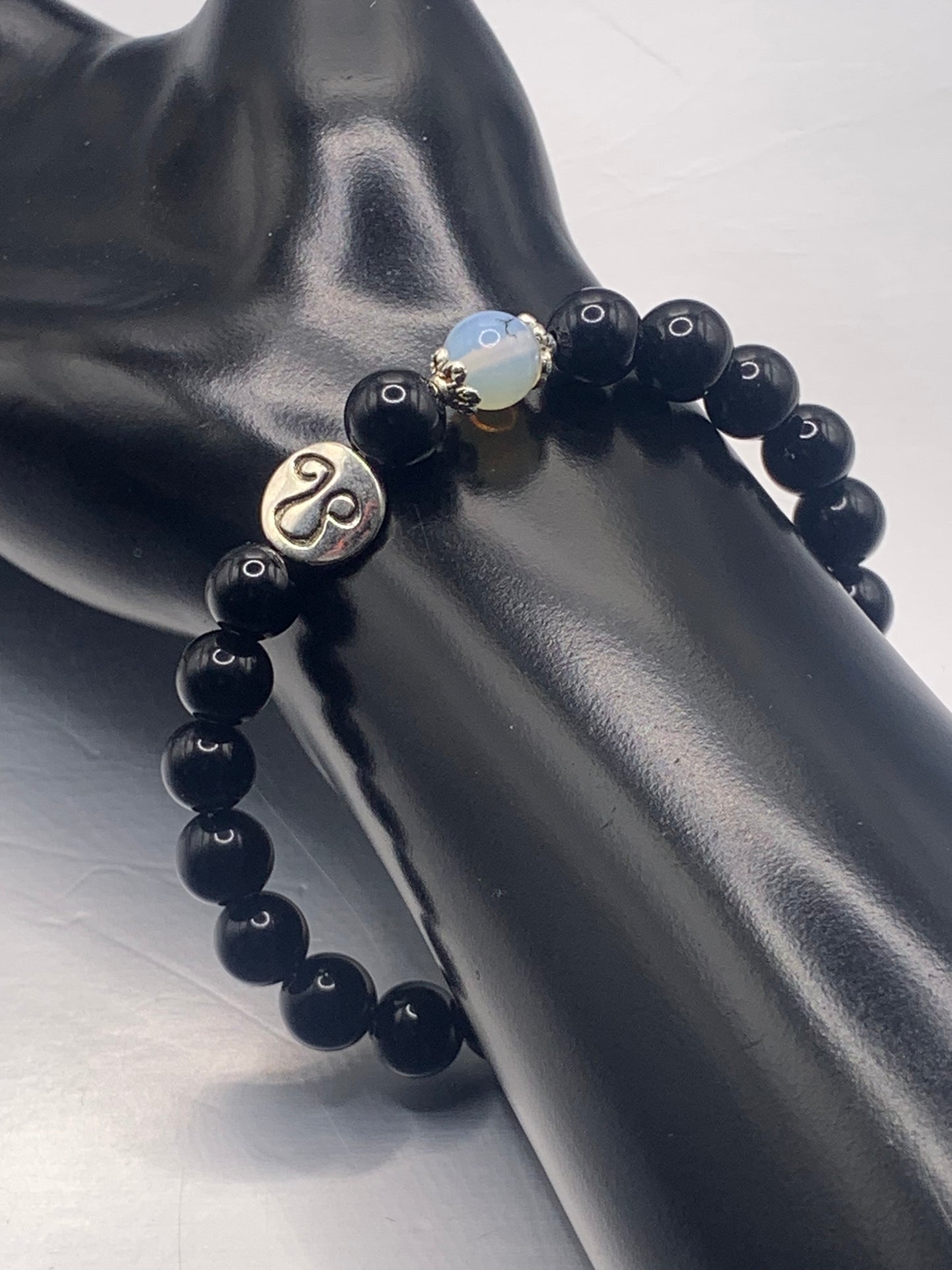 Leo Zodiac black obsidian with opalite elastic beaded bracelet with silver accents