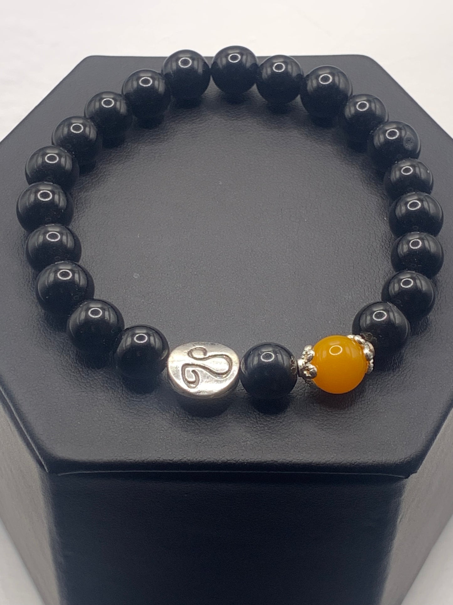 Leo Zodiac black obsidian with orange agate elastic beaded bracelet with silver accents