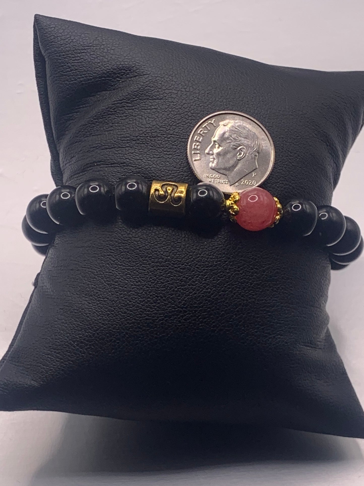 Leo Zodiac black obsidian with pink chalcedony elastic beaded bracelet with gold accents